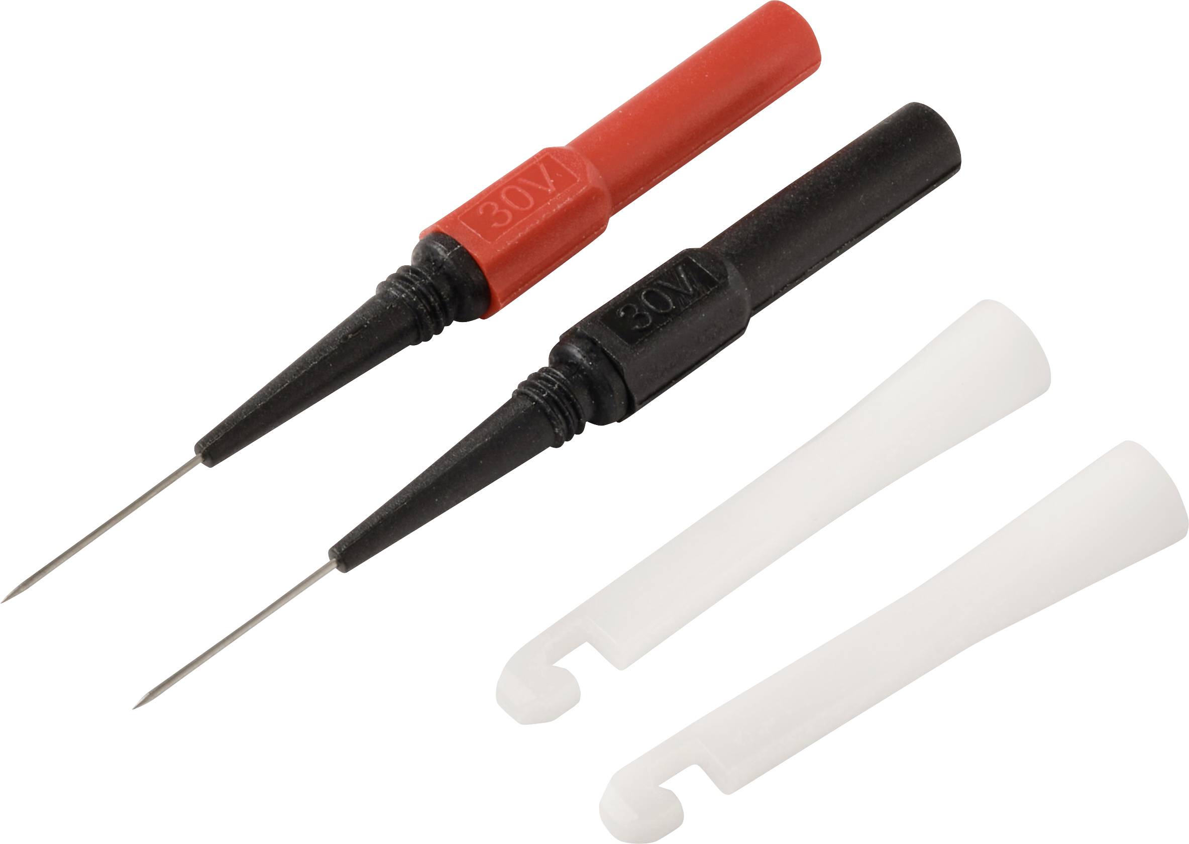 Two probe test leads, one with a red handle and one with a black handle, used for electrical measurements, accompanied by protective caps.