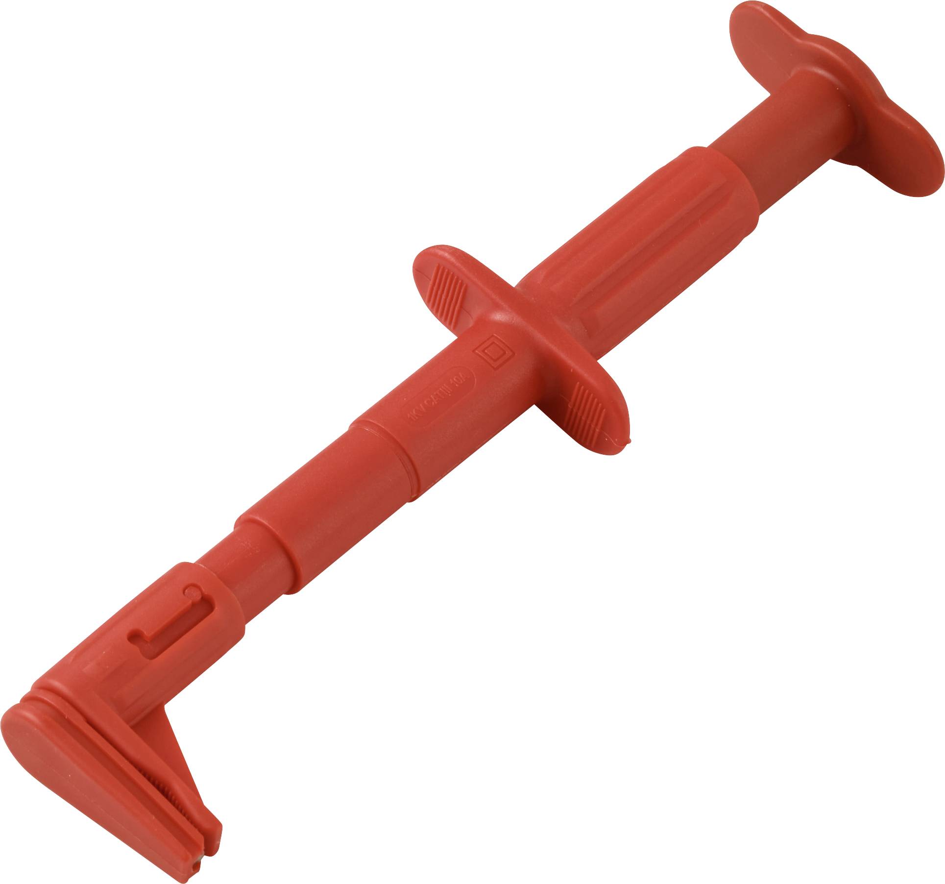 A red plastic caulking tool designed for smoothing and finishing caulk lines, featuring a handle and angled blade.