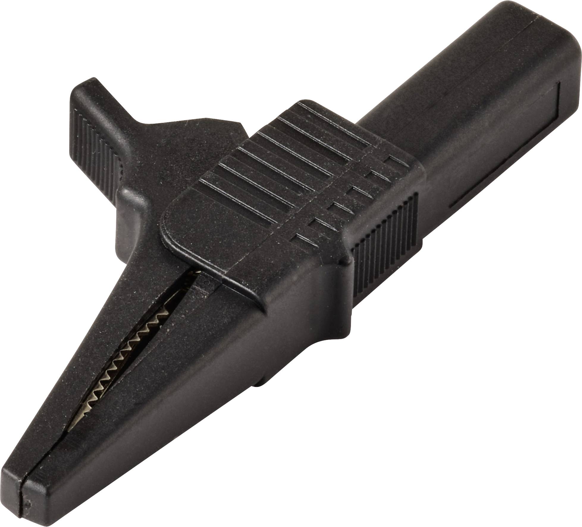 A black alligator clip with serrated jaws and a plastic grip, used to temporarily connect electrical components.