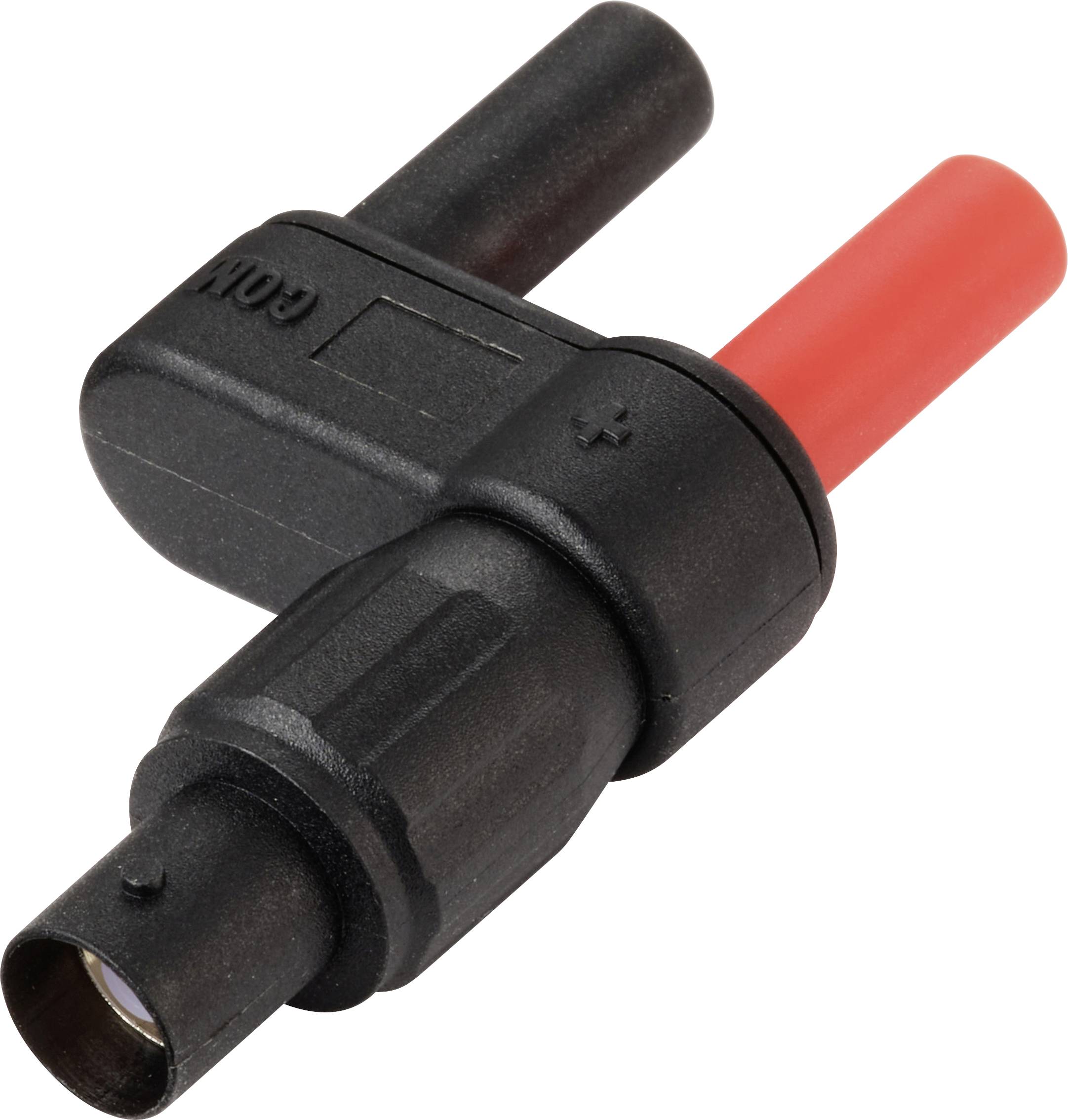 Black and red solar panel connector, used for linking solar cables securely, featuring '+' and '-' markings for correct polarity.