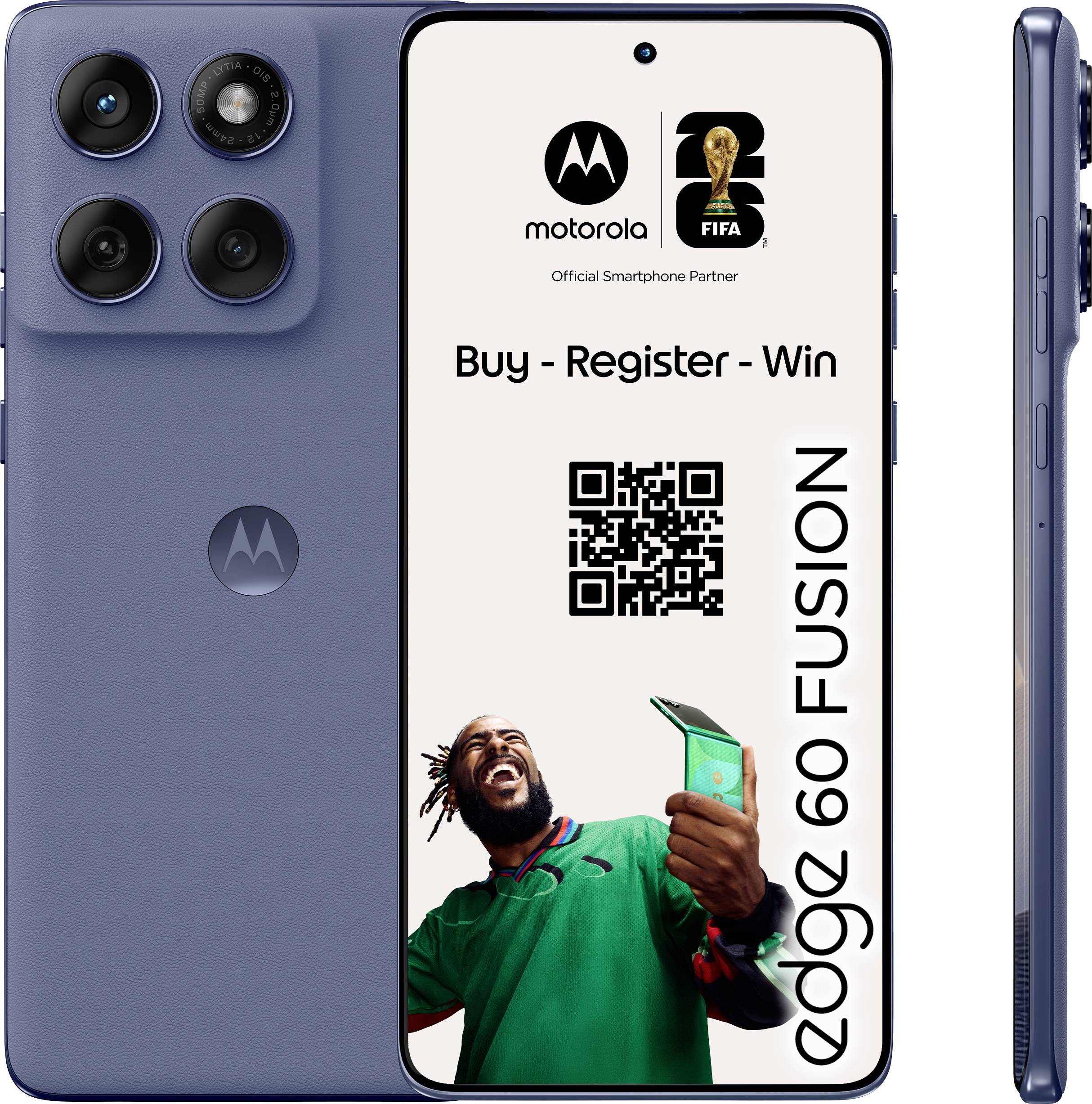 Smartphone with triple rear camera and 'edge 60 FUSION' on screen showing QR code, man holding phone, Motorola and FIFA logos.