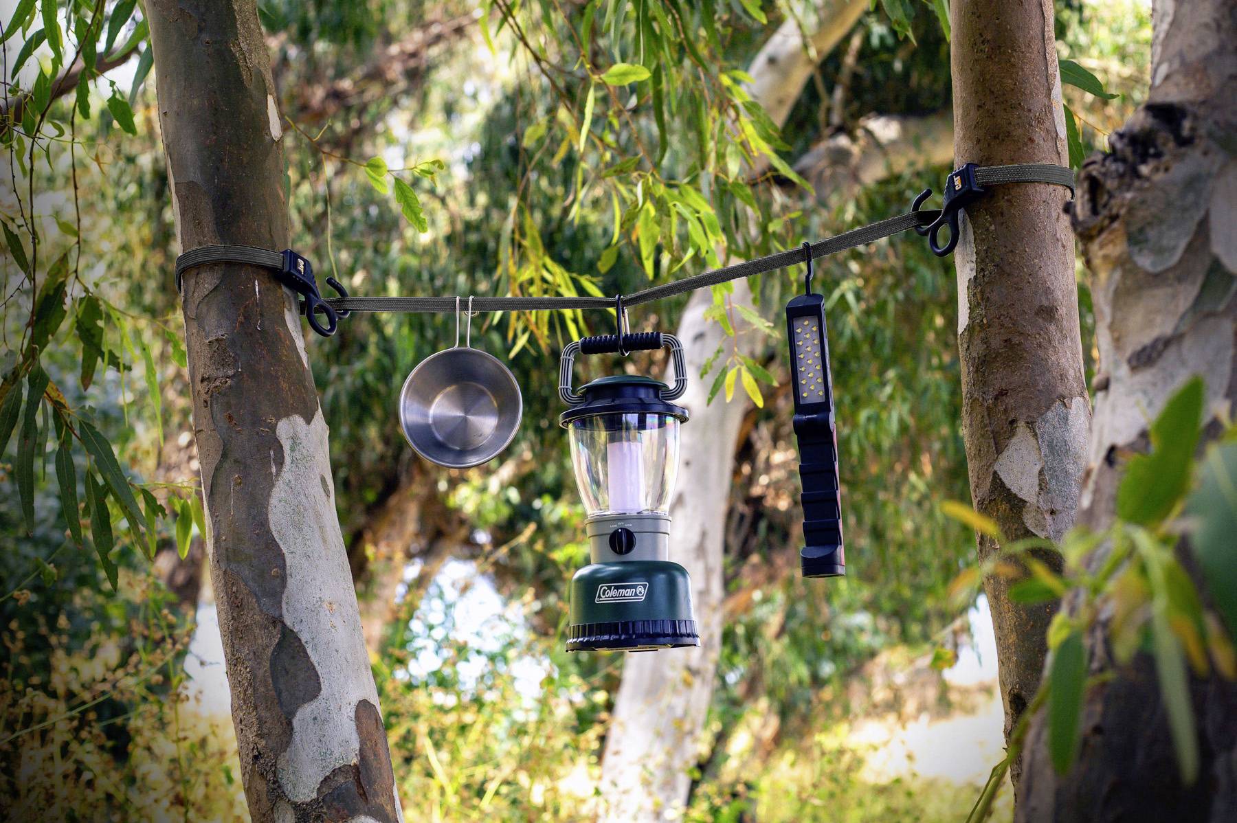 A camping lantern and other tools hang from a rope between two trees in a forest, surrounded by lush green leaves.
