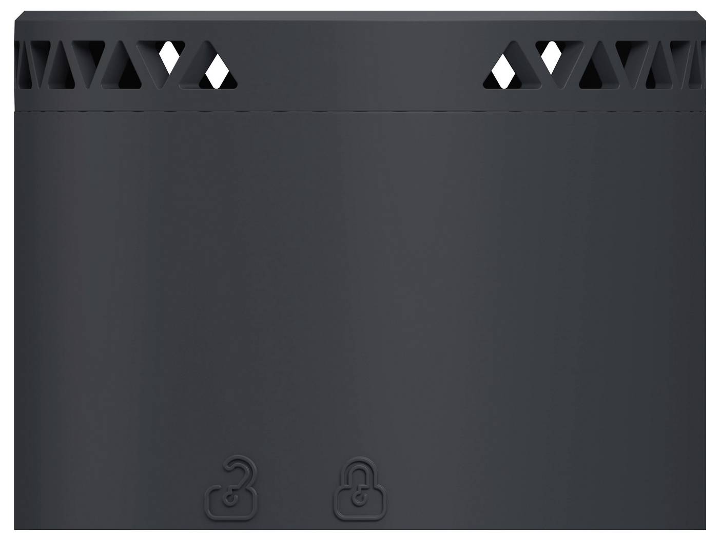 Black cylindrical device with a vented top rim and two small padlock icons near the bottom, suggesting a locked storage container or security device.