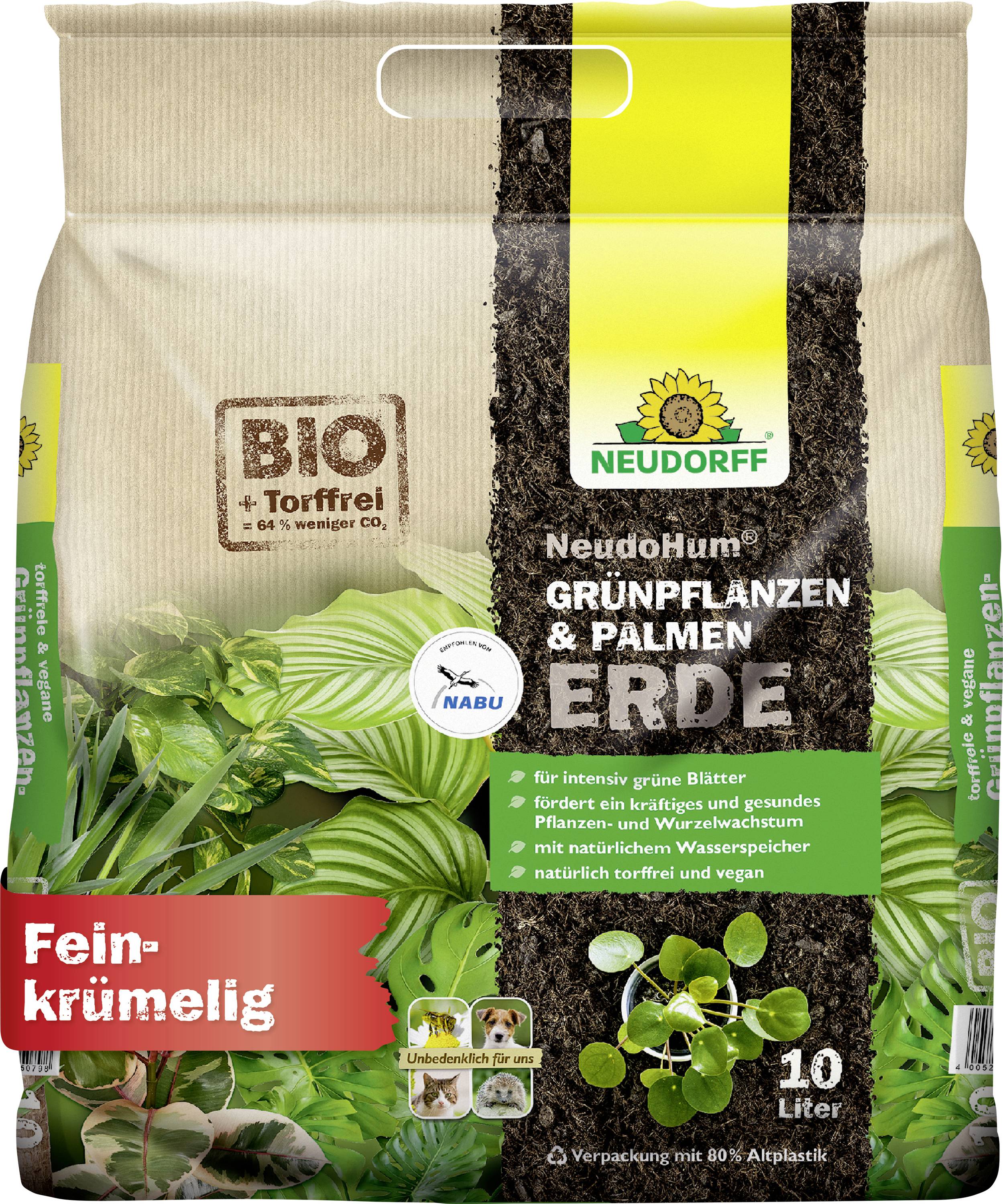 'NeudoHum Grüne Pflanzen & Palmen Erden' – Organic, peat-free soil for indoor plants, 10-liter bag, promotes healthy growth.