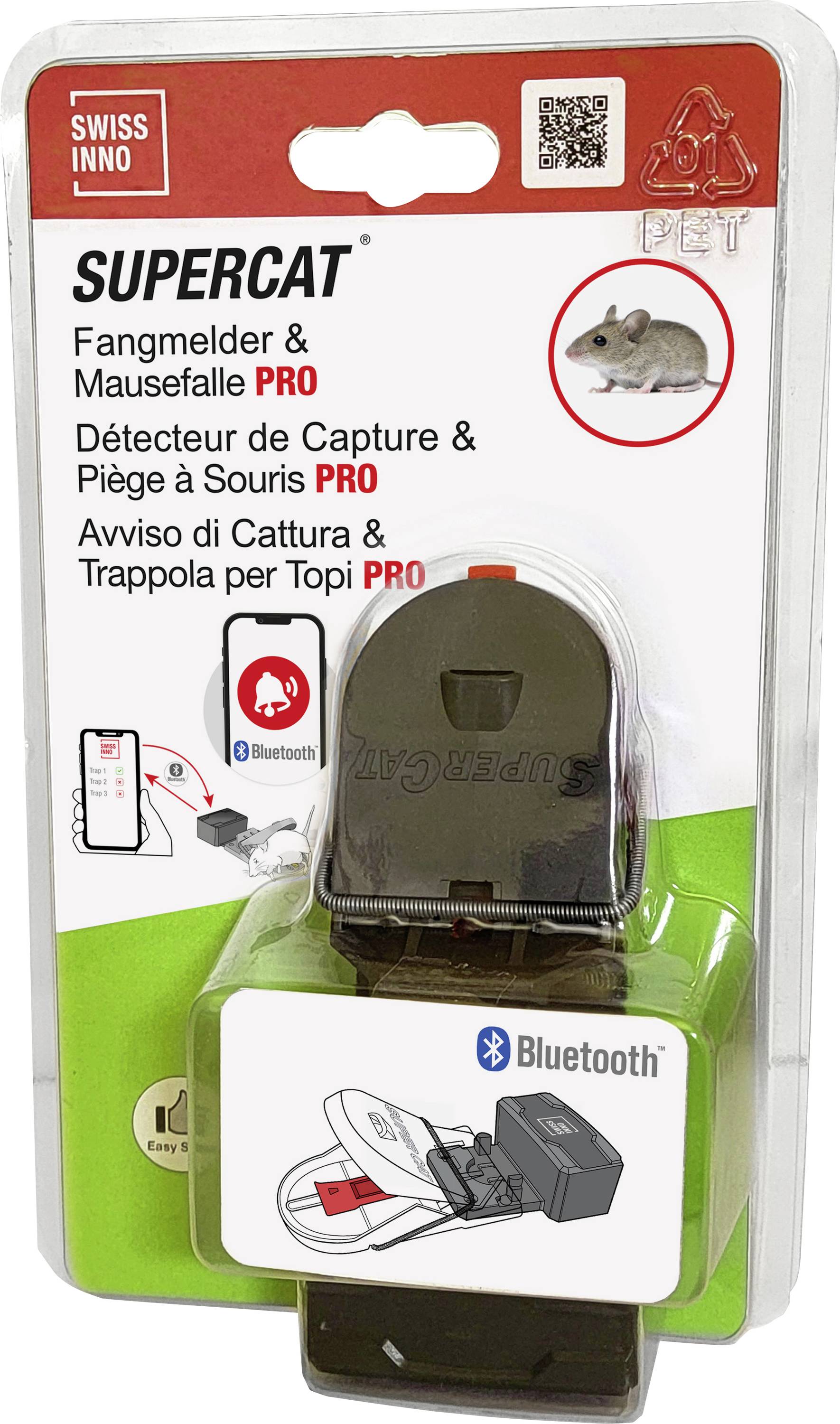 A mouse trap packaging with a Bluetooth feature, showing a trap illustration and a small image of a mouse, labeled 'SuperCat PRO'.