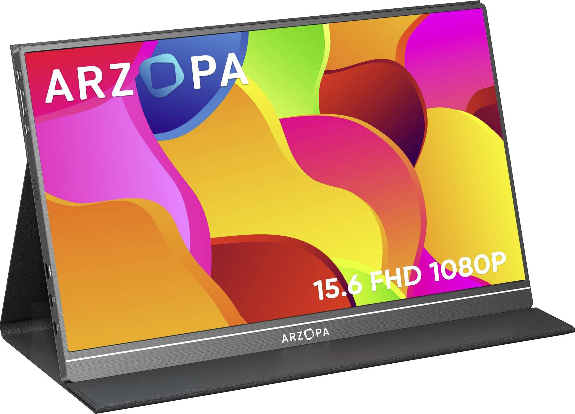 A portable monitor with a colorful display and the text 'ARZOPA 15.6 FHD 1080P' on the screen, propped up on a stand.