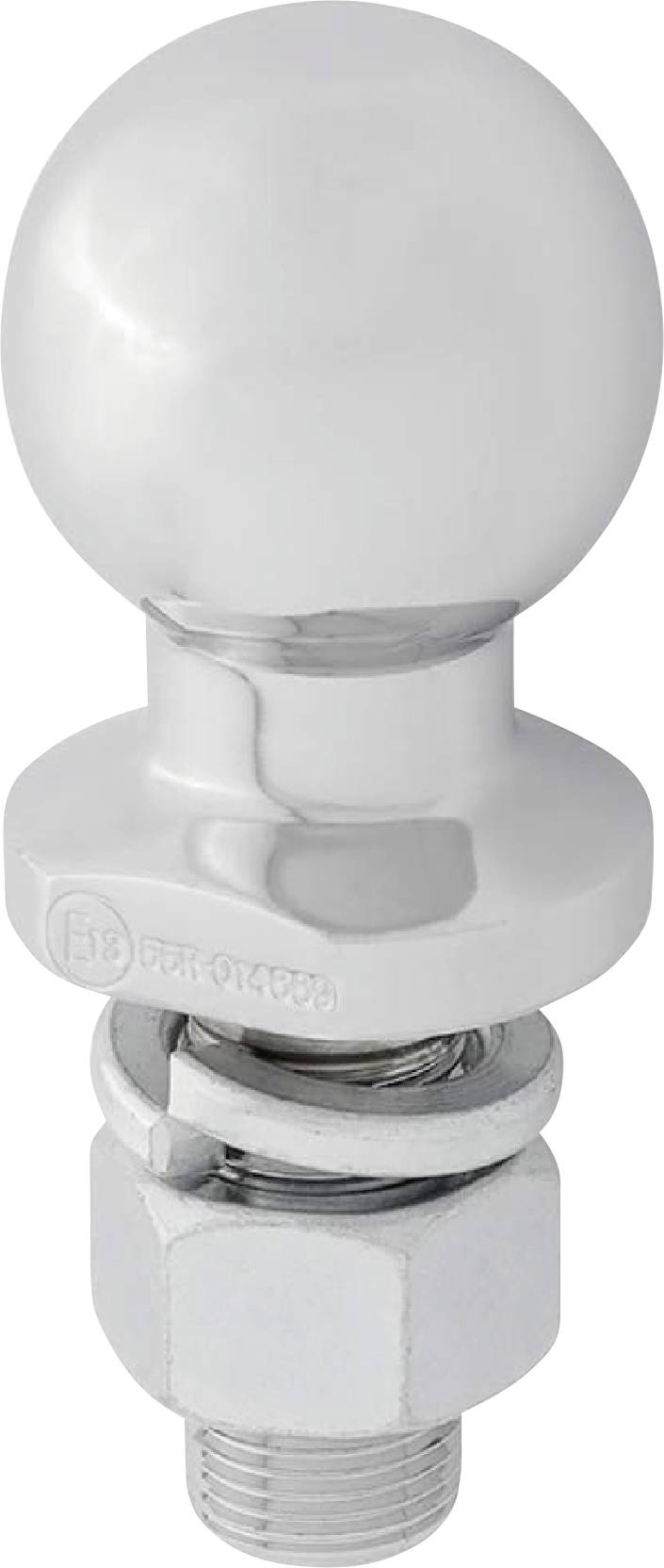 A chrome trailer hitch ball with a threaded shaft and nut, designed for vehicle towing connections.