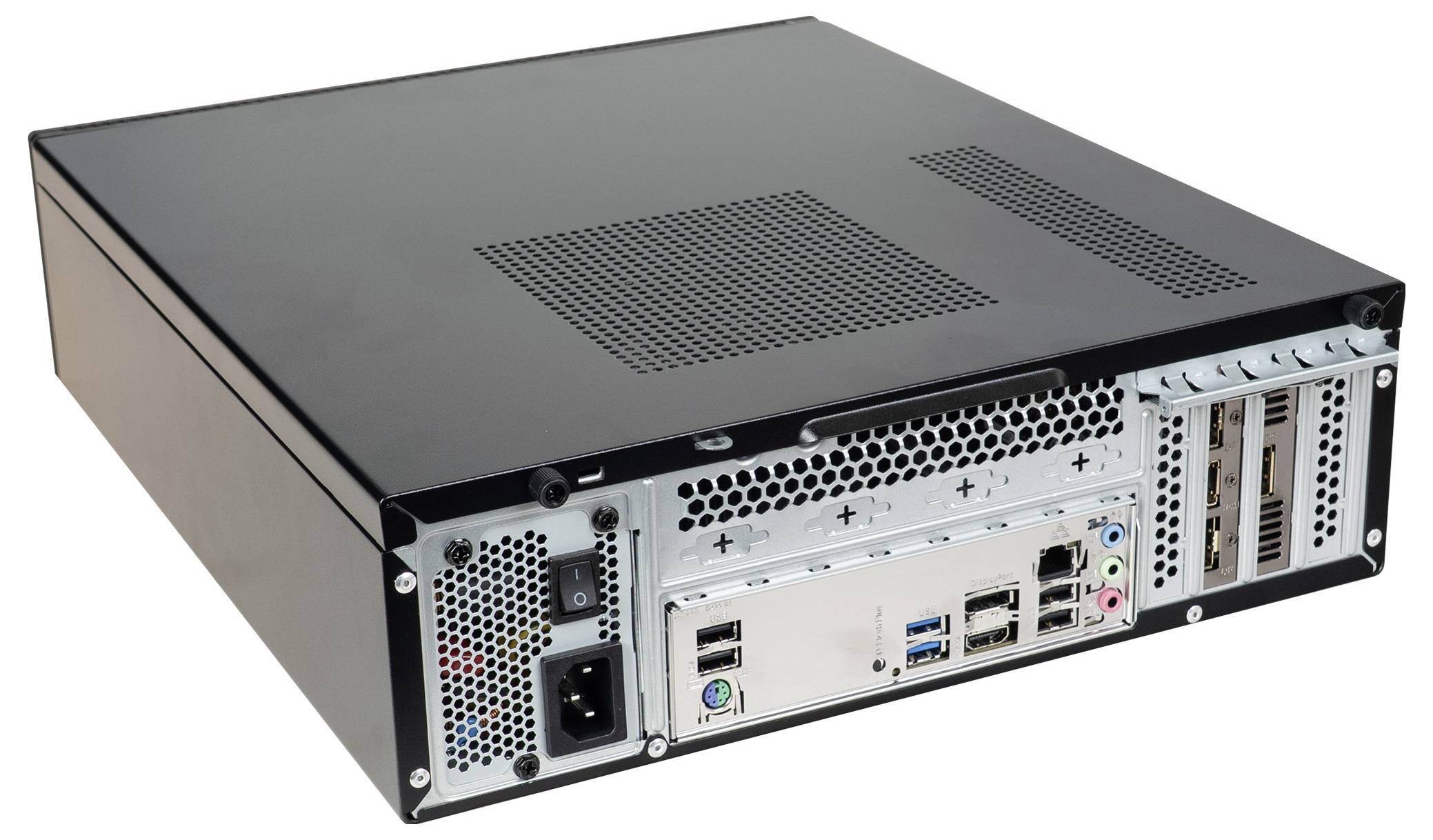 The rear view of a computer tower showing various ports and slots for connectivity, including USB, Ethernet, and audio ports.