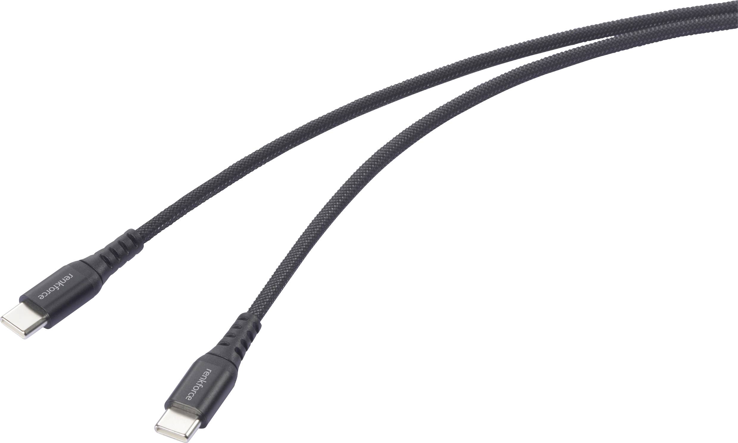 A black braided USB-C to USB-C cable with connectors on both ends, used for charging and data transfer between compatible devices.
