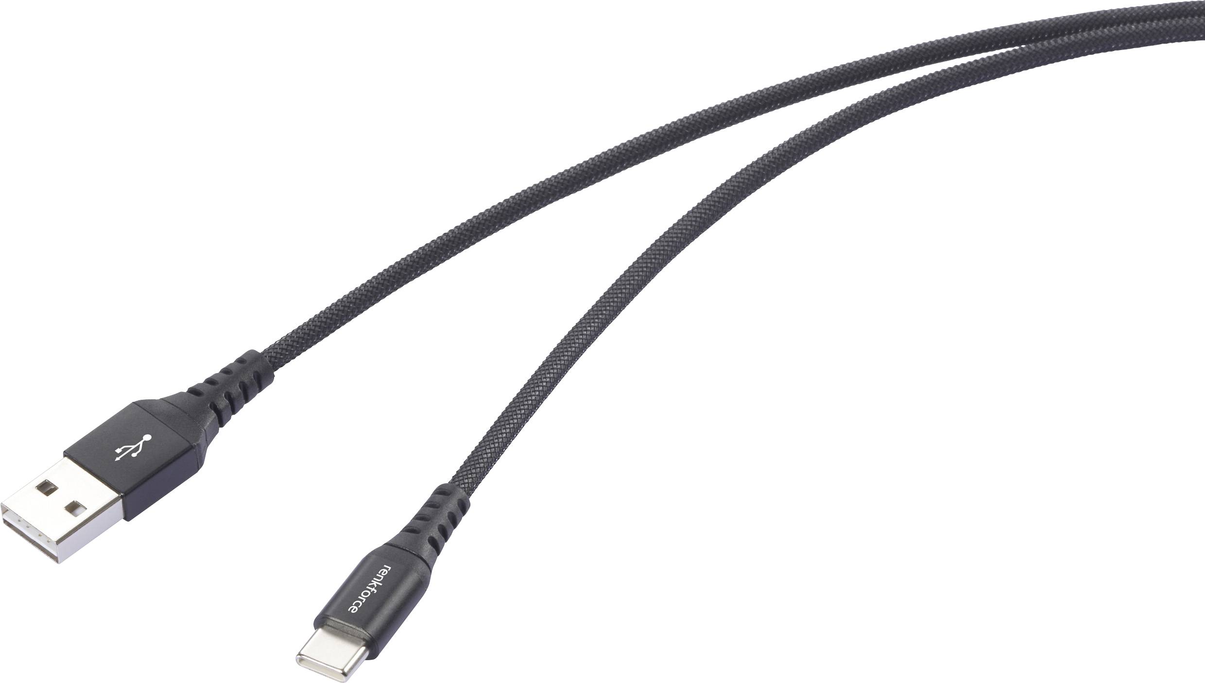 USB-A to USB-C cable, black, with a braided design for durability.