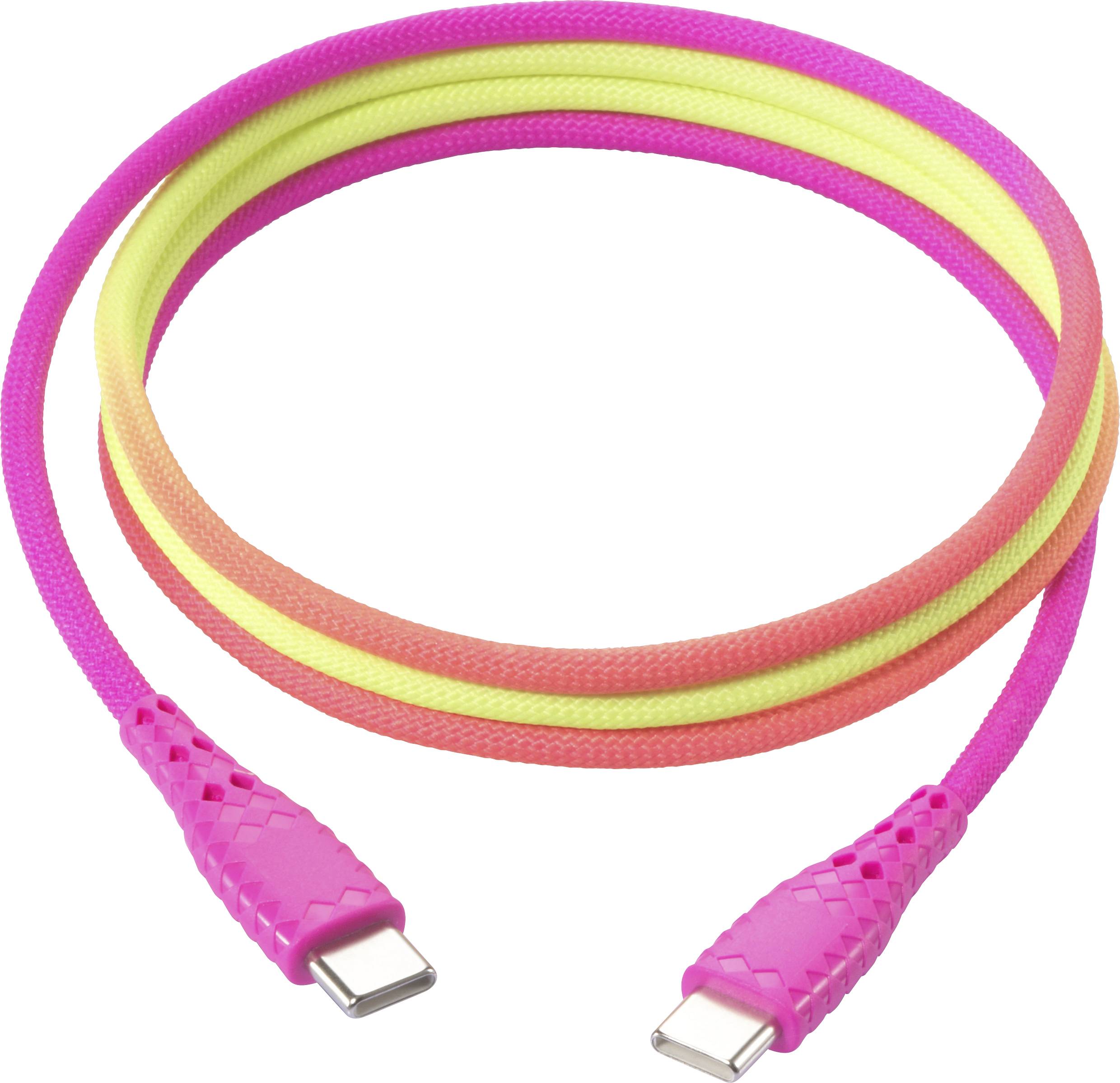 A brightly colored USB-C cable with pink, yellow, and orange hues, coiled neatly, showing both connectors clearly.