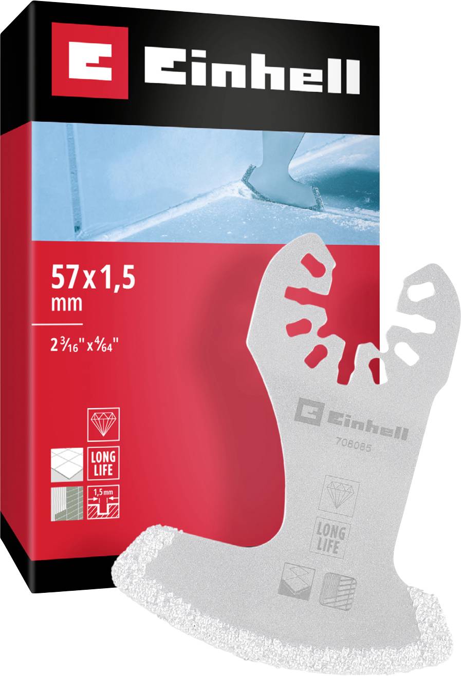 An oscillating saw blade by Einhell, model number 708065, with dimensions 57 x 1.5 mm, suitable for extended service life.