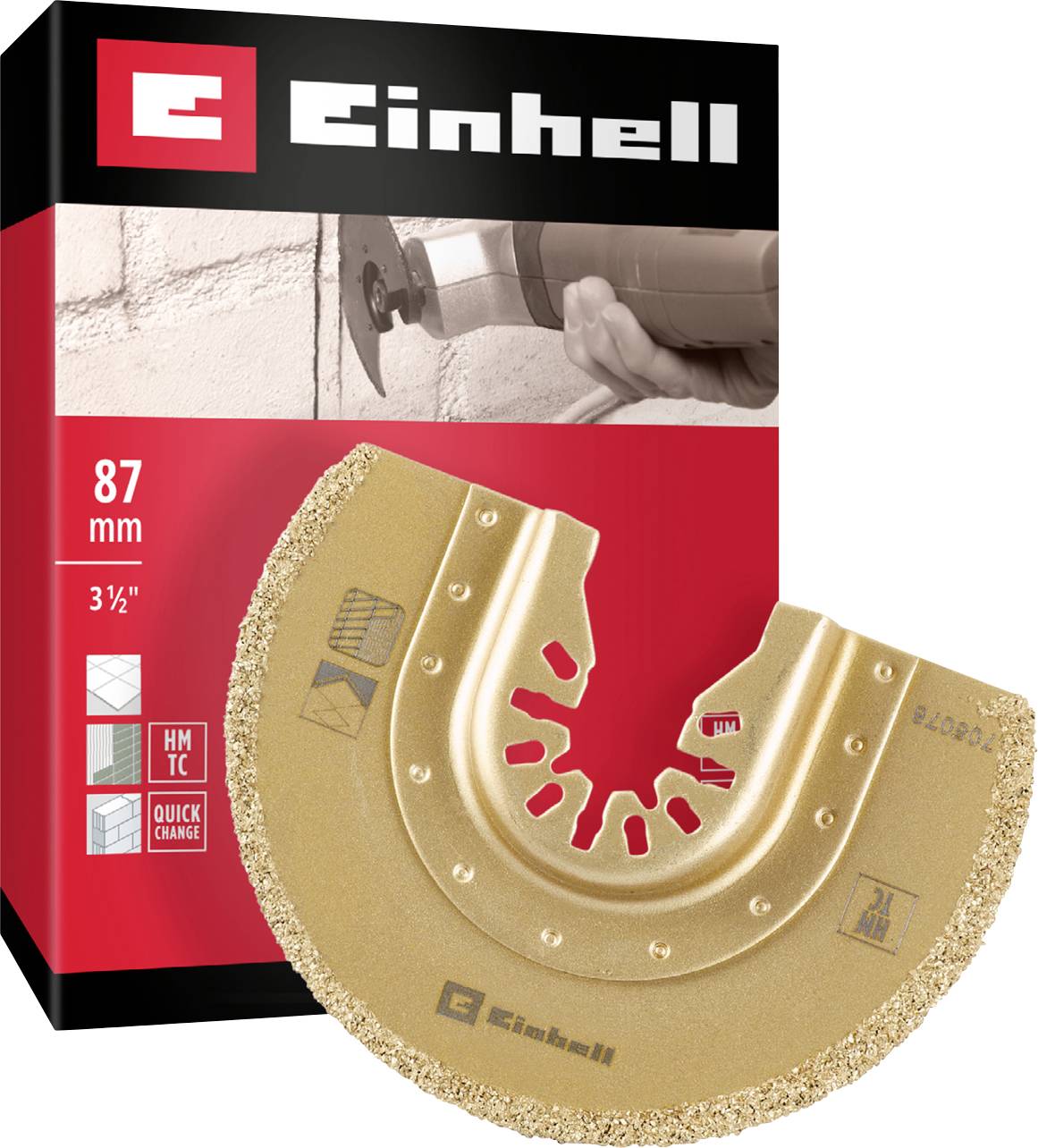 Packaging for an Einhell saw blade, 87 mm, with golden blade and quick-change function, suitable for masonry.