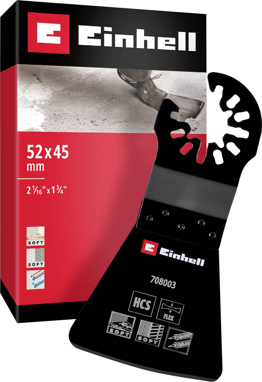 'Einhell' blade set with one blade, packaging shows product and specifications: 52x45 mm, suitable for wood, plastic.