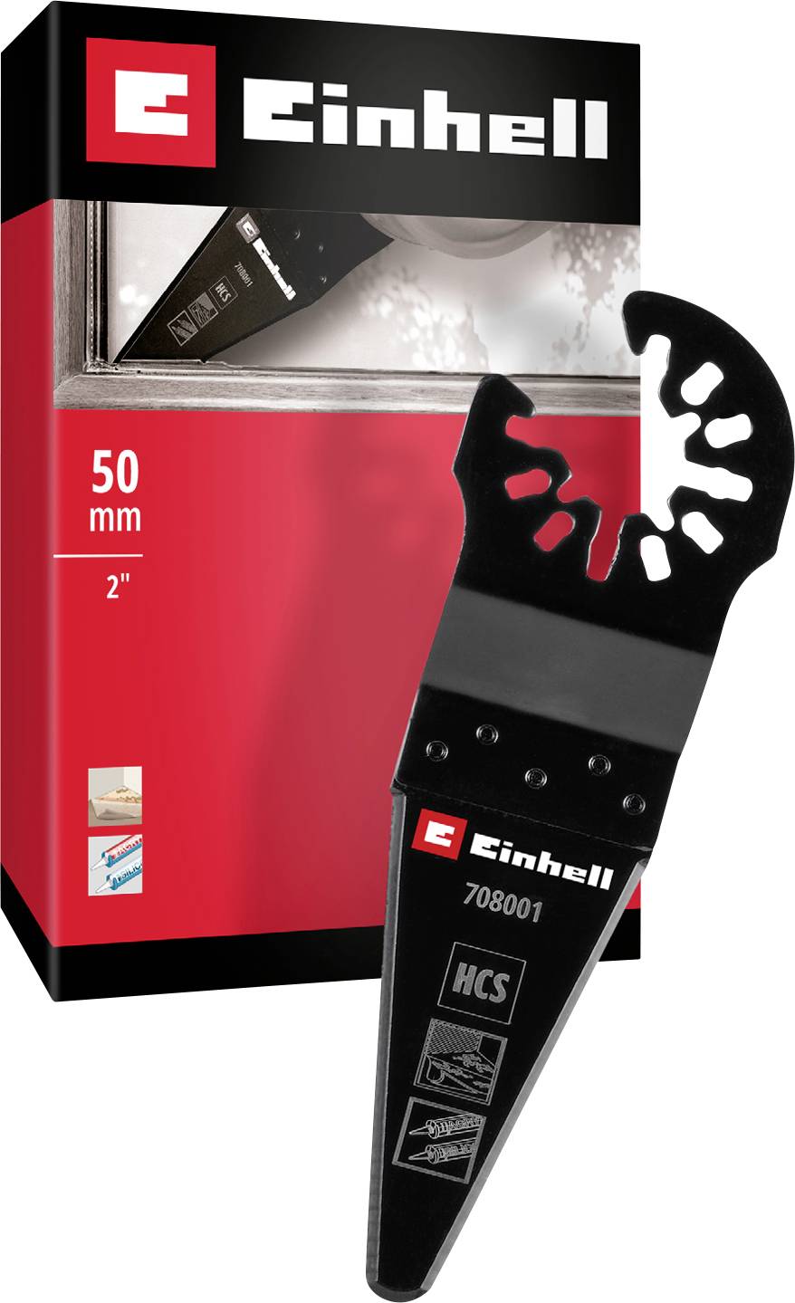 Saw blade by Einhell for multitool, HCS 50 mm. Packaging shows application on a window frame. Suitable for wood and soft materials.