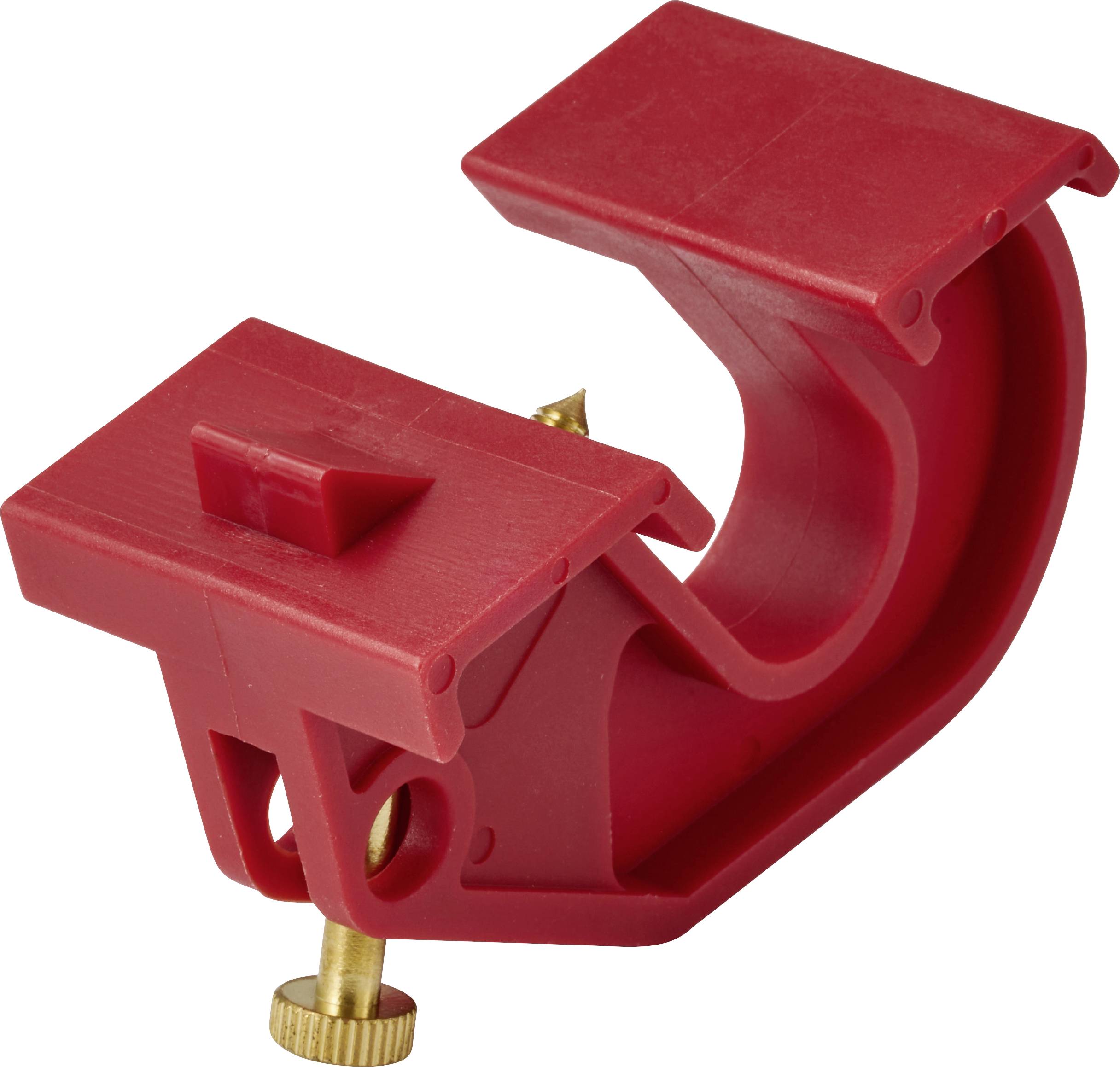 A red plastic duct clamp with adjustable brass screw, designed for securing cables or ducts.