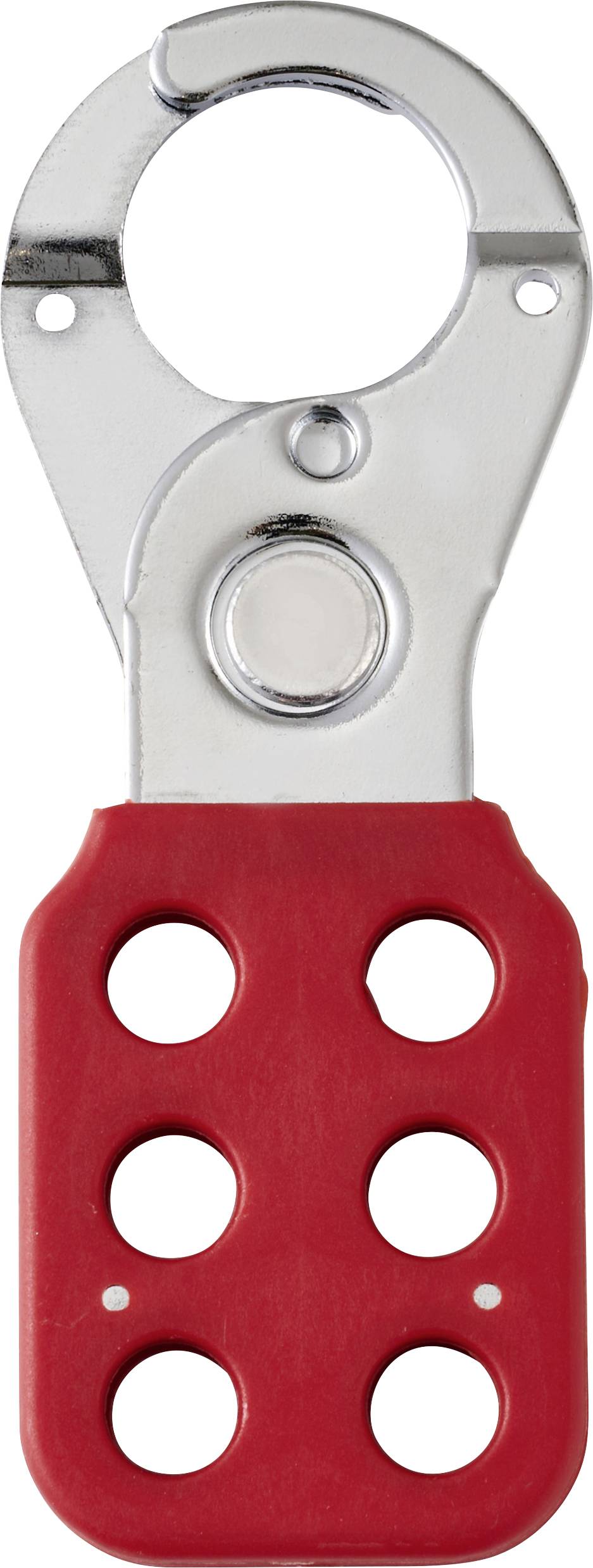 A metal lockout hasp with a red handle featuring six holes, used for securing locks during maintenance to ensure machinery remains off.