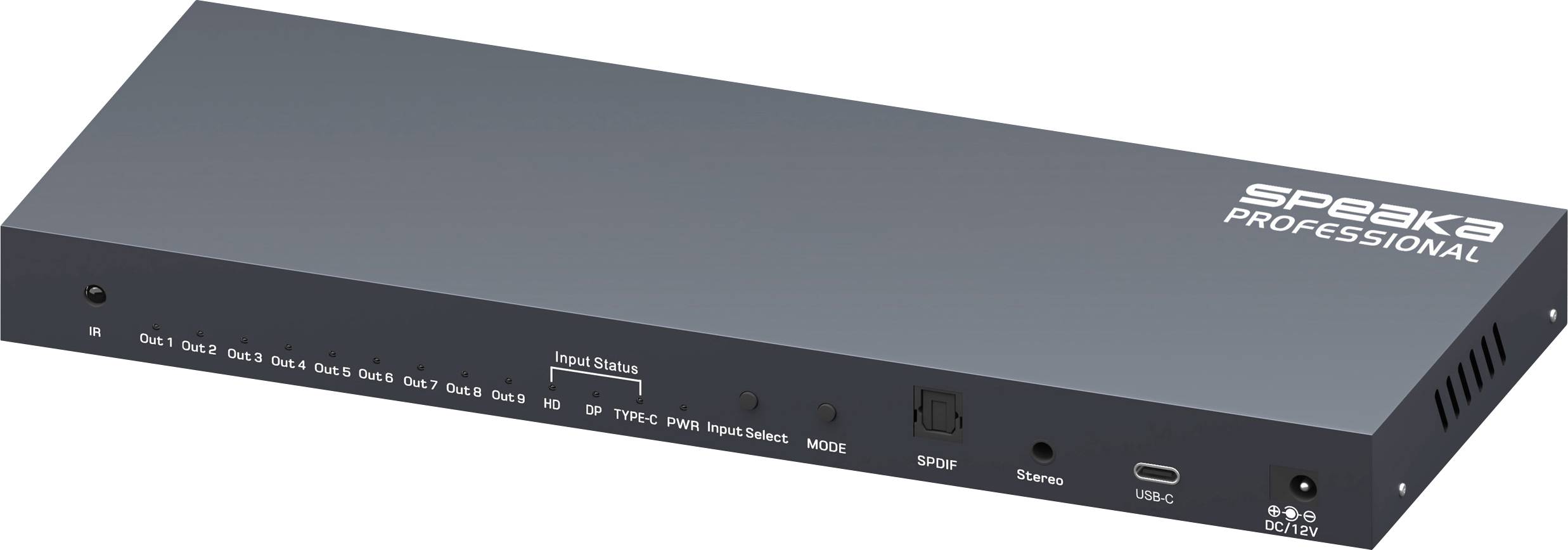 'SPEAKA Professional' device, black, labeled I/O ports on front, including HDMI, USB-C. Used for connecting and switching audio/video sources.
