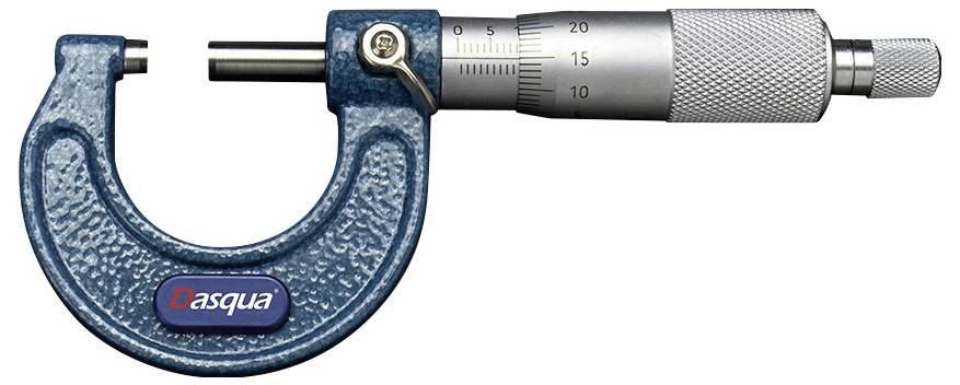 A blue metal micrometer with a marked dial for precise measurement, featuring a silver knurled handle, branded 'Dasqua'.