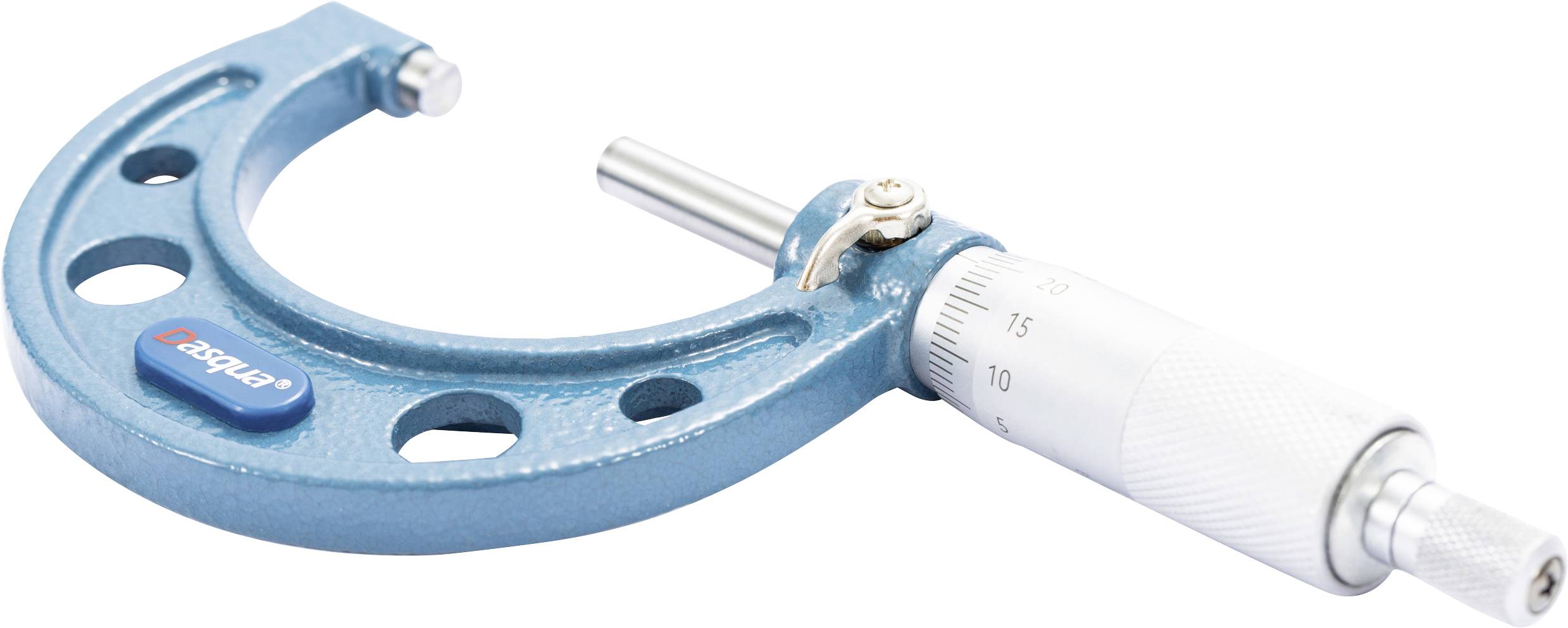 A blue metal micrometer with measurement markings and a ratchet stop on the handle, used for precise measurement of small distances.