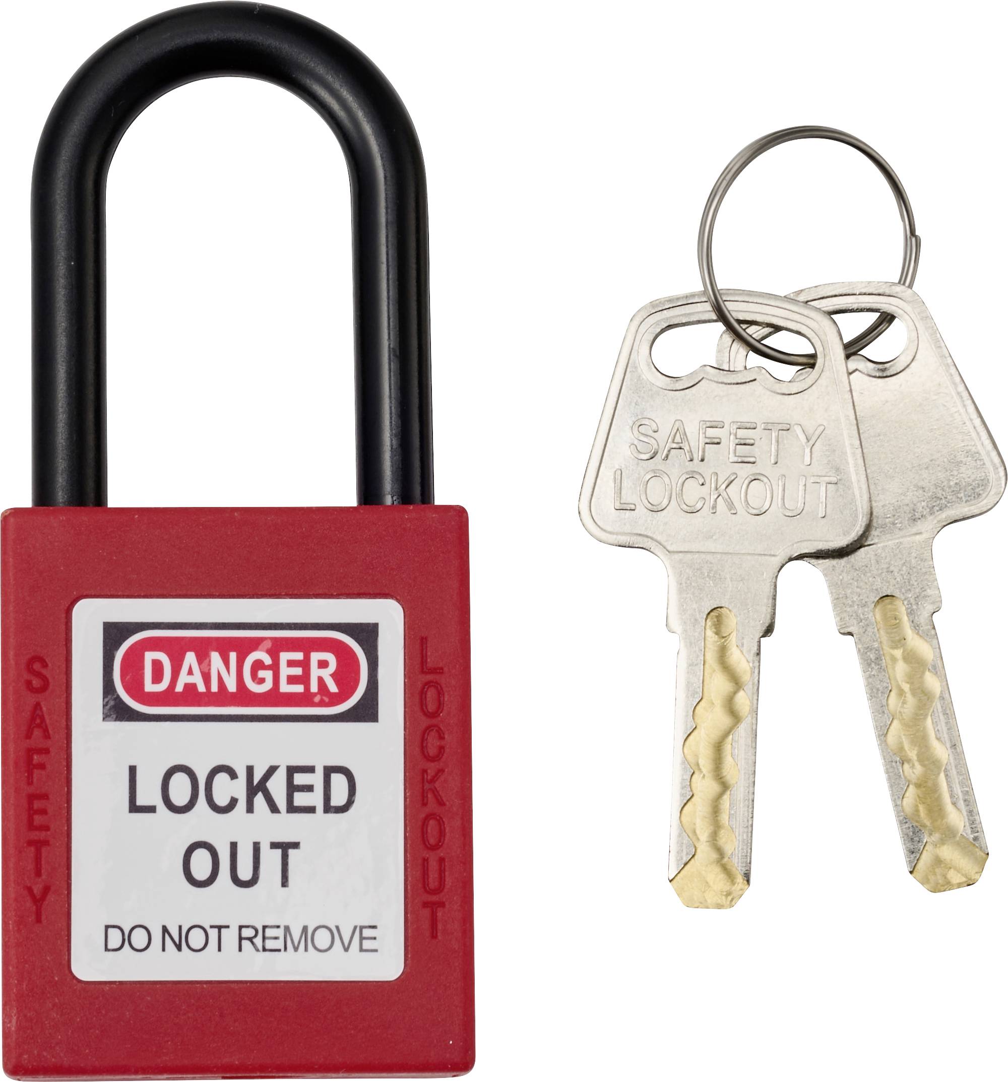 Red safety lock labeled 'Danger Locked Out Do Not Remove' with two attached keys labeled 'Safety Lockout.'
