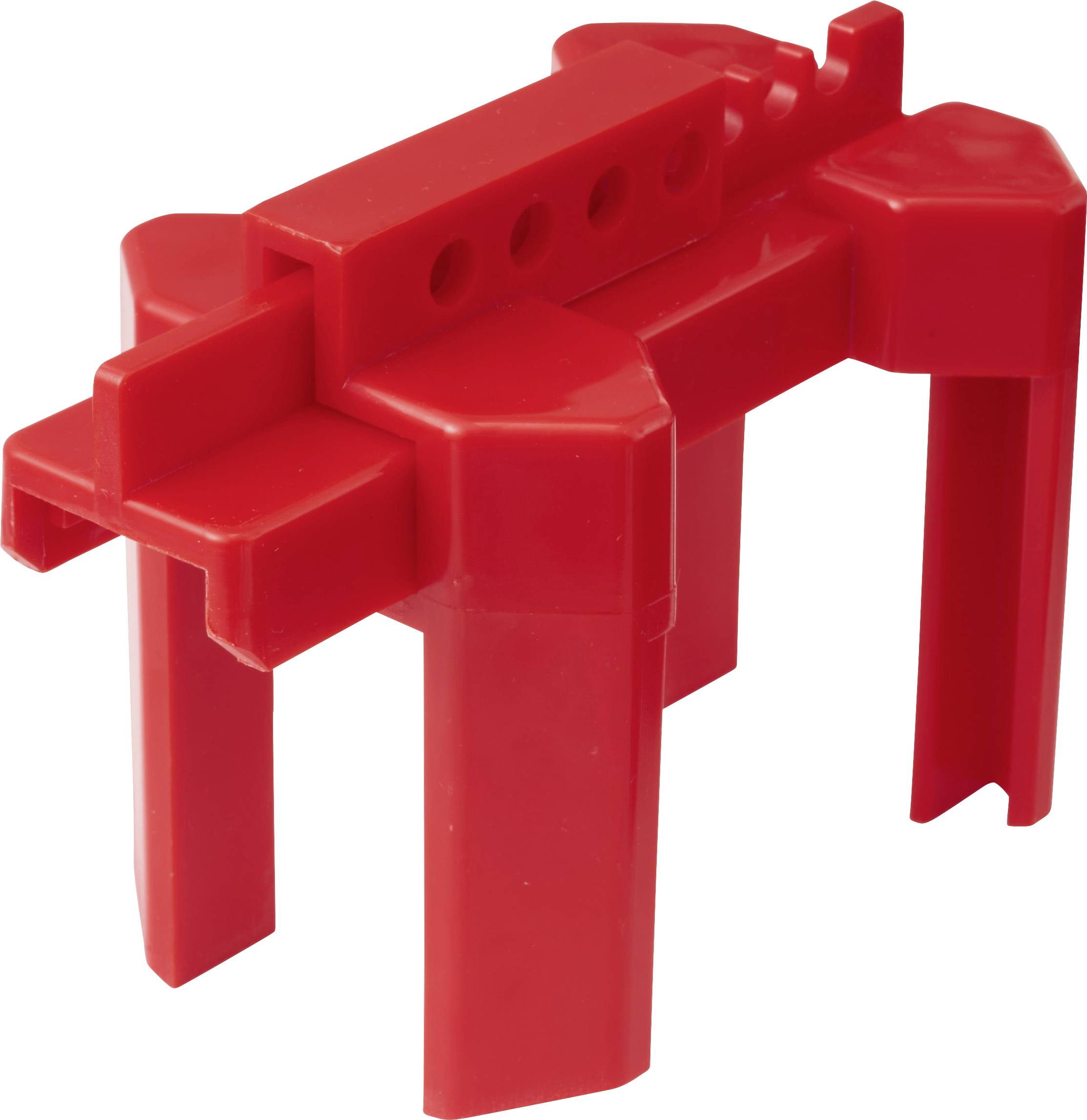 A red plastic piece resembling a block with four legs and rectangular cutouts, commonly used in children's construction toys.