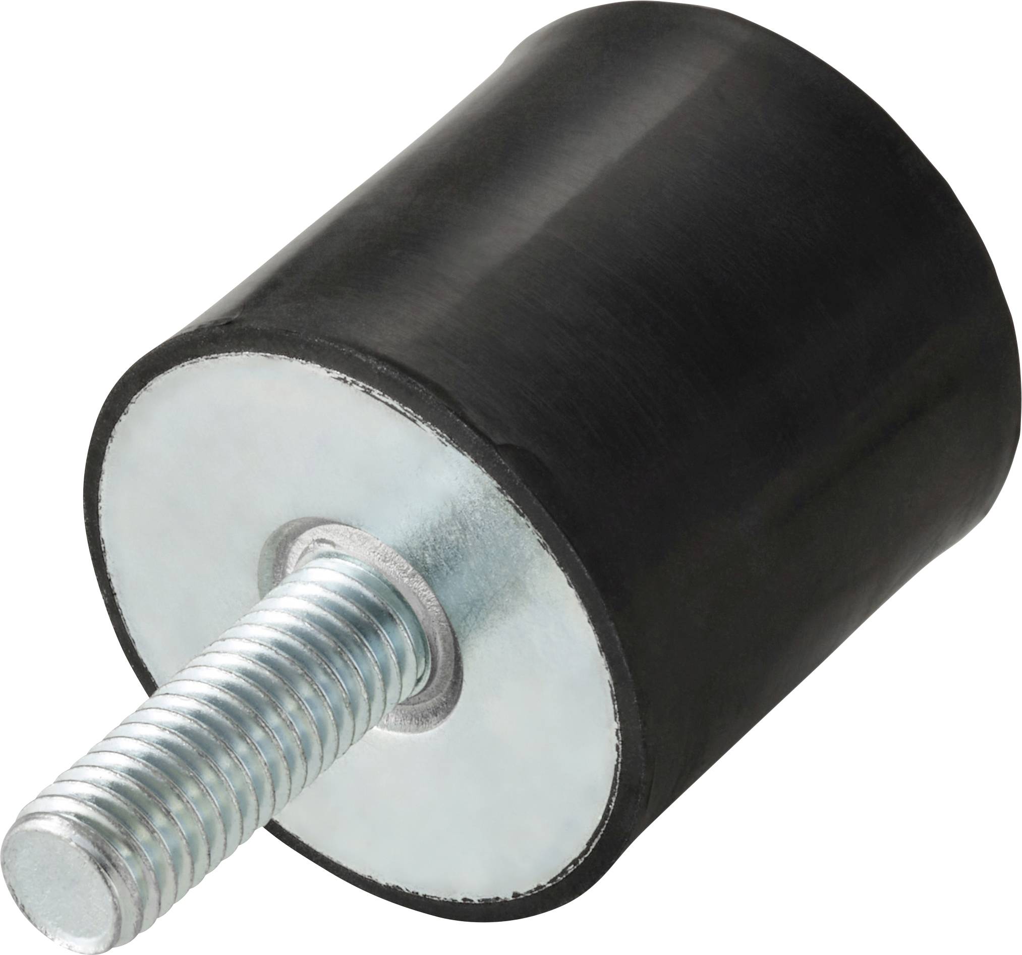 A cylindrical rubber vibration isolator with a threaded metal stud extends from one end for mounting purposes.