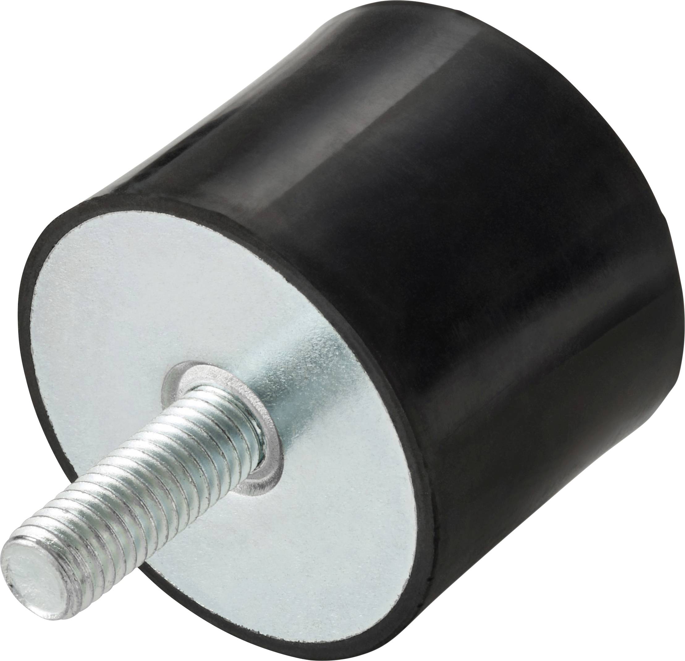 Rubber cylindrical bumper with a metal threaded bolt extending from one end, used for cushioning or vibration isolation.