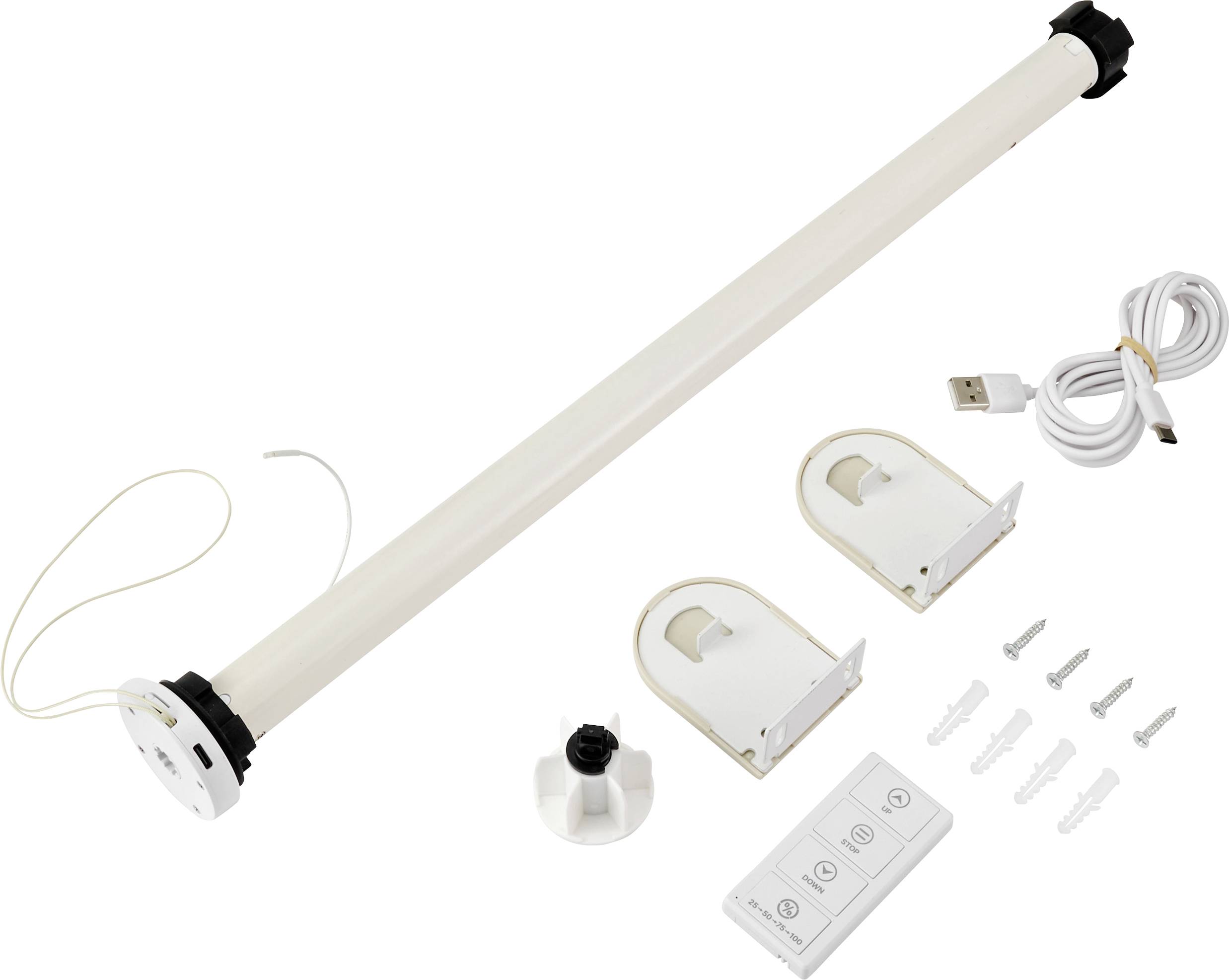 A motorized curtain rod kit with remote control, mounting brackets, and USB charging cable.