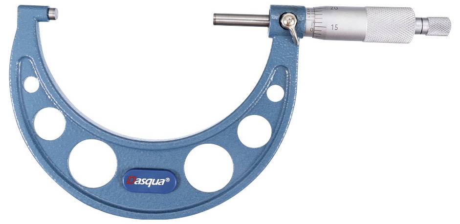 A blue metal micrometer with holes in the frame and a silver adjustment barrel, used for precise measurements in engineering and machining.