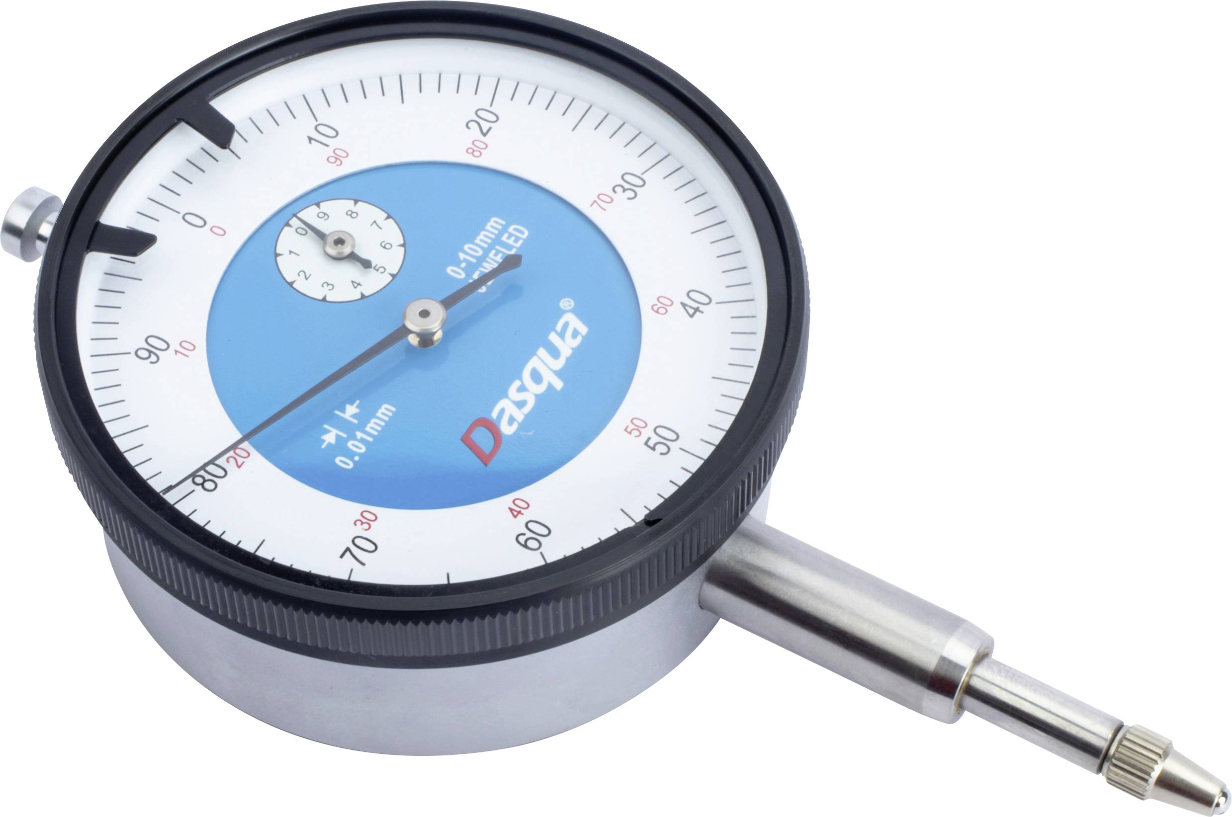 A close-up image of a dial indicator gauge with a blue face, used for measuring small distances or thicknesses in mechanical contexts.