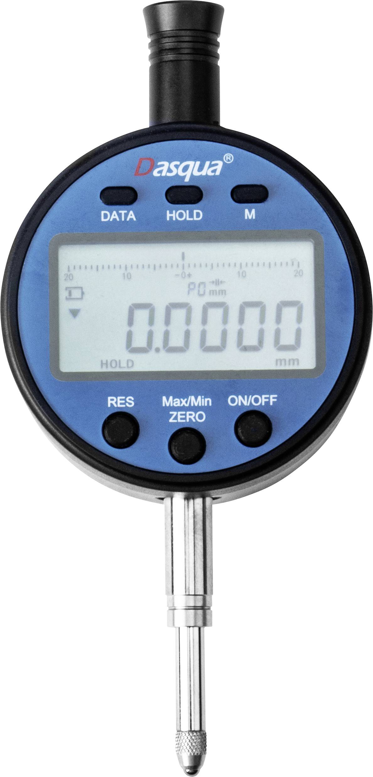 Digital indicator gauge with a blue casing, displaying '0.0000 mm' on the screen. Functions: data, hold, reset, and power.