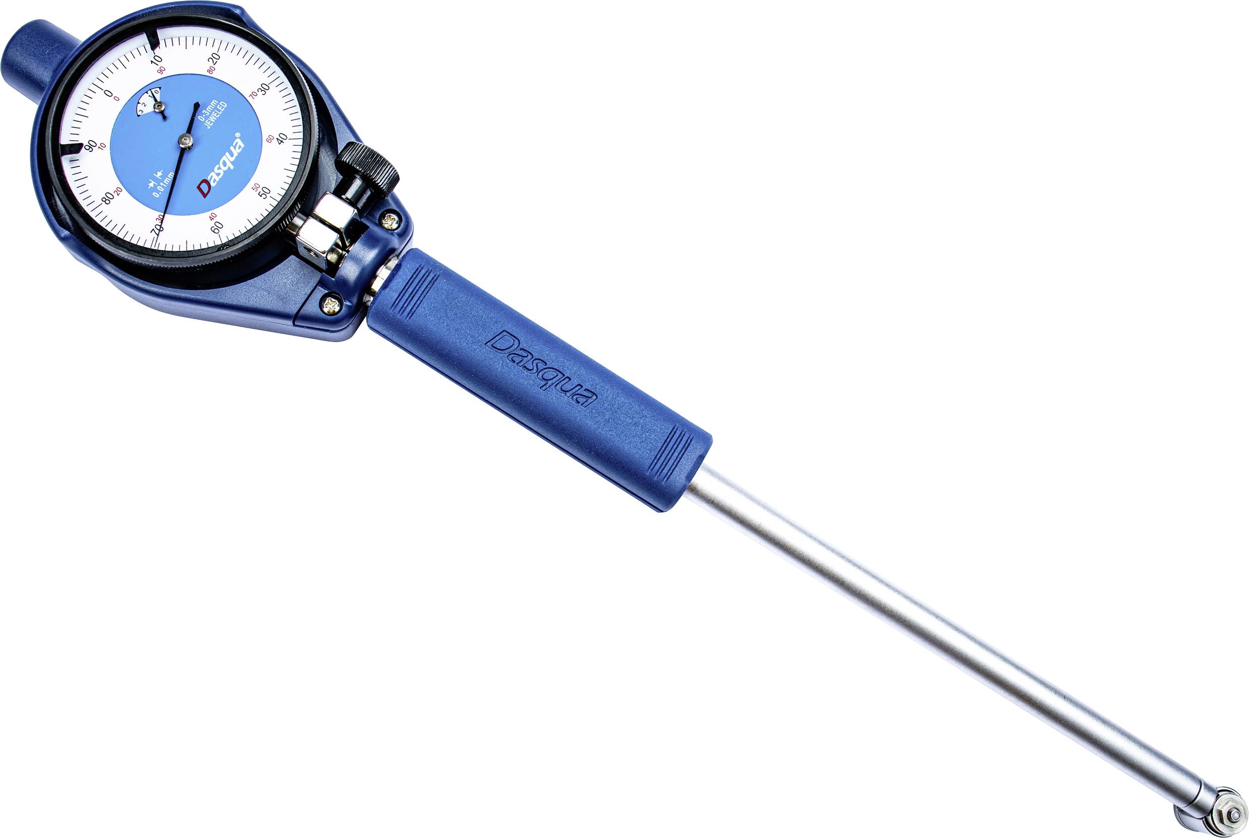 A blue dial gauge with a metal probe, labeled 'Draper,' used for precise measurement in engineering or mechanical contexts.