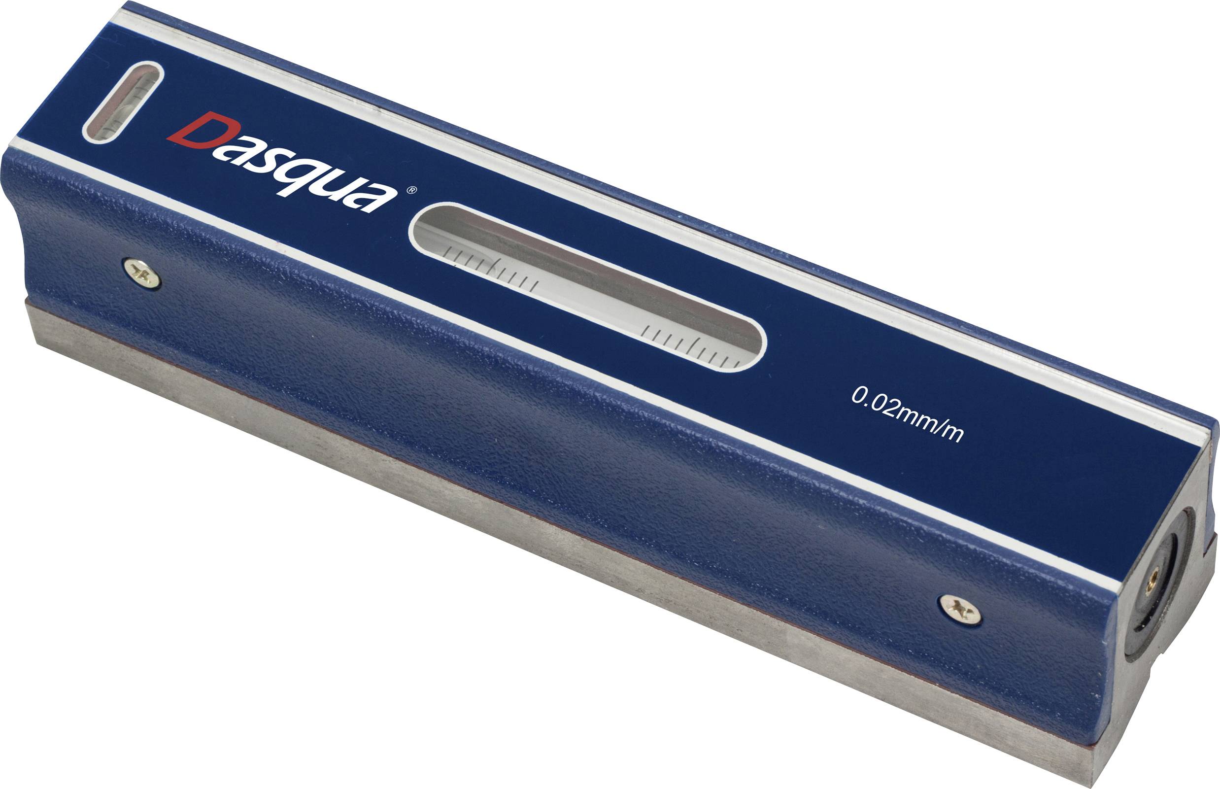 A blue Dasqua precision level tool with a 0.02 mm/m measurement scale visible on top, used for checking surface flatness.