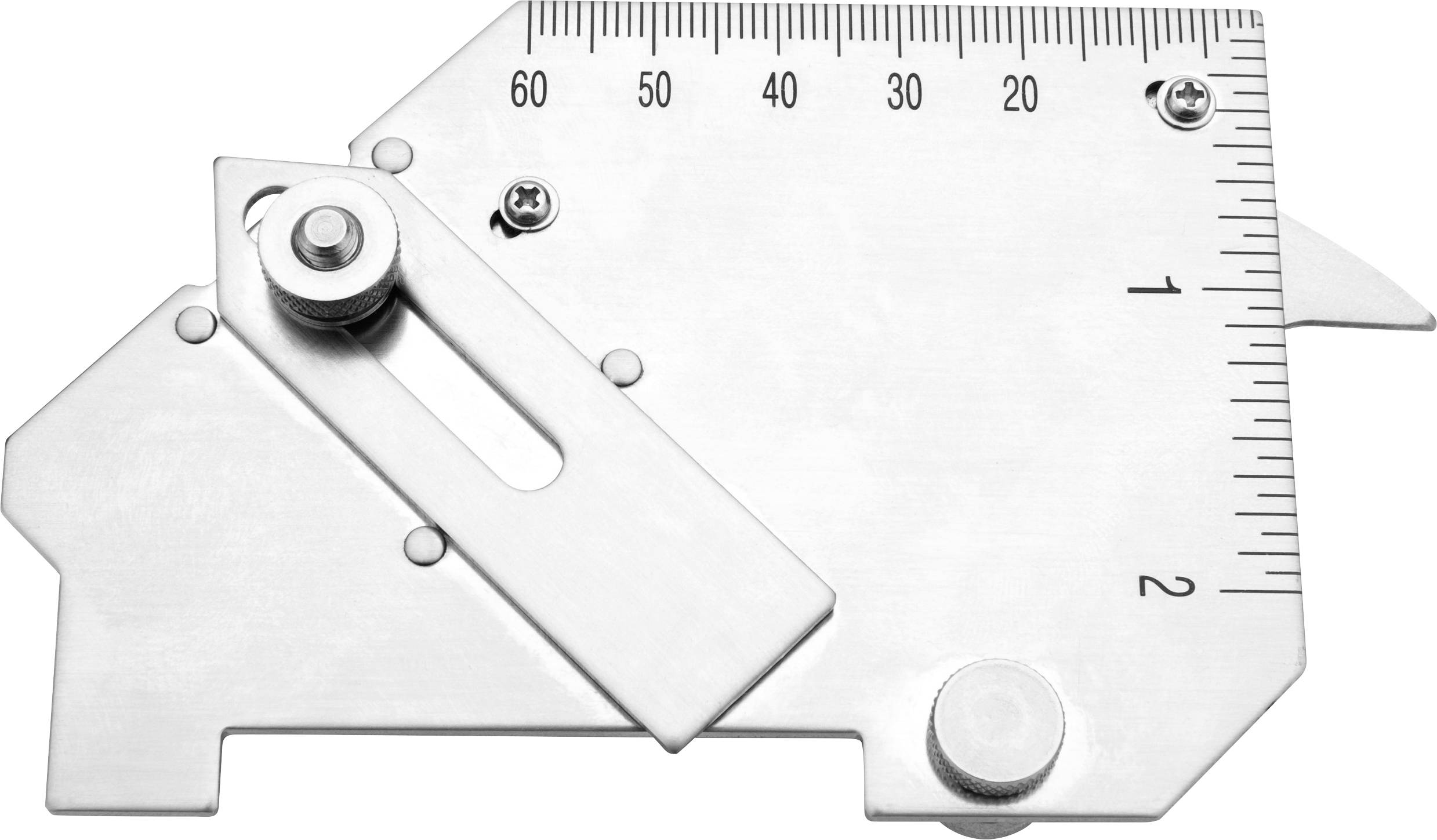 A stainless steel weld gauge showing measurements from 0 to 60 millimeters, used for checking weld sizes and ensuring accuracy.