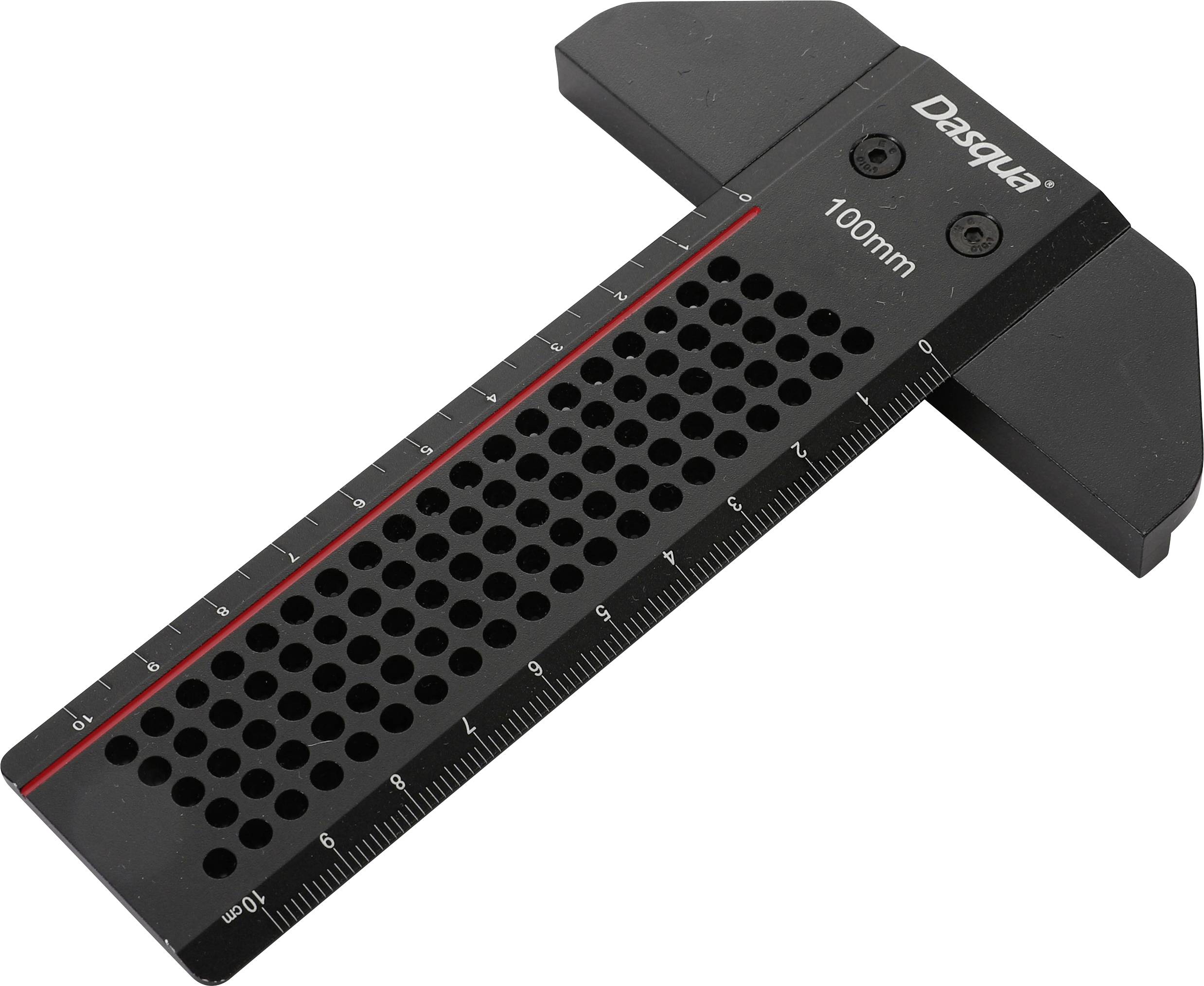 A black 100mm precision ruler with red detailing and two screw holes near the brand 'Dasqua' logo on a T-shaped design.