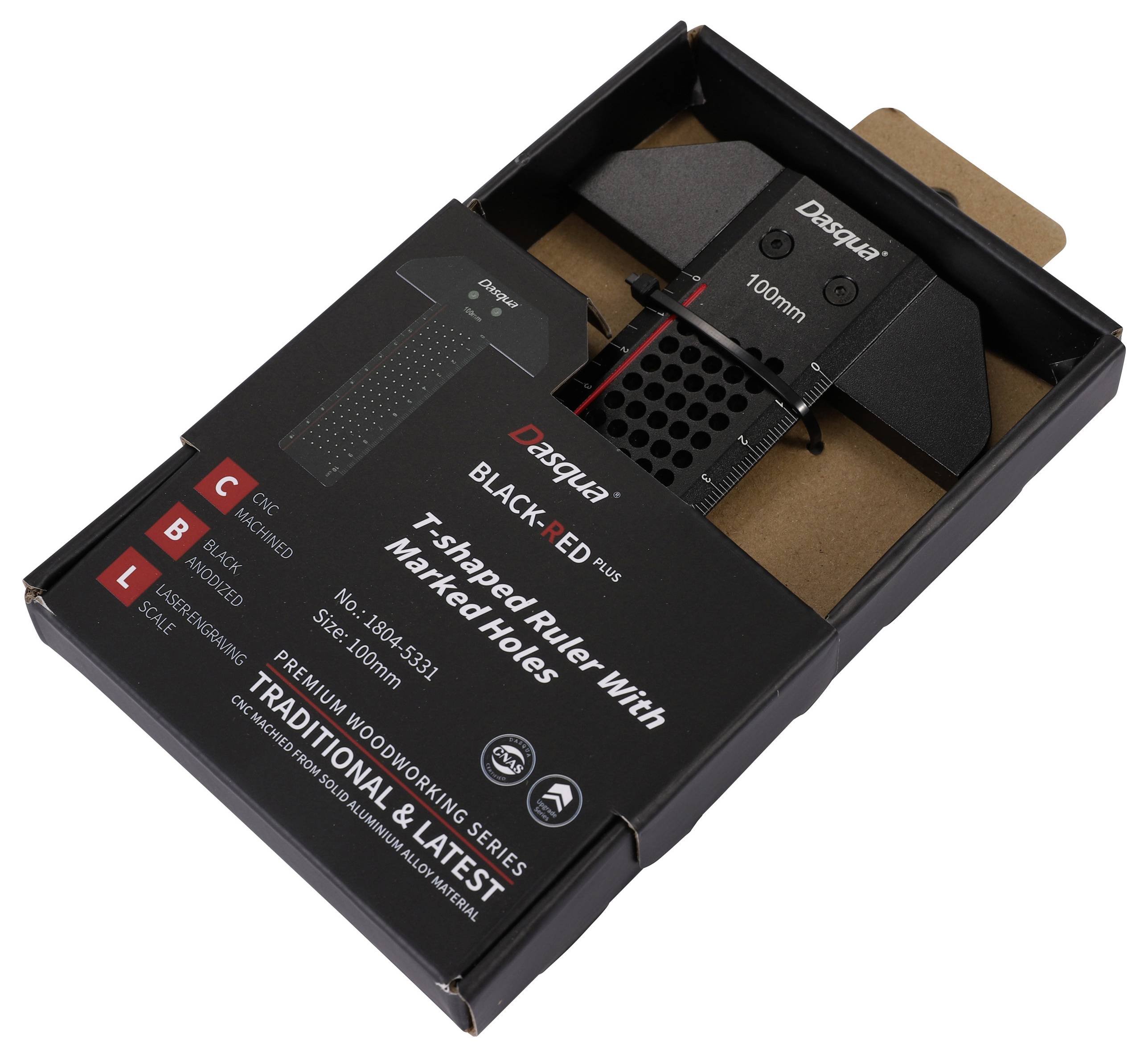 'T-shaped ruler with marked holes' in a box, labeled 'Dasqua', 'Black-Red', 'Premium Woodworking Series'.