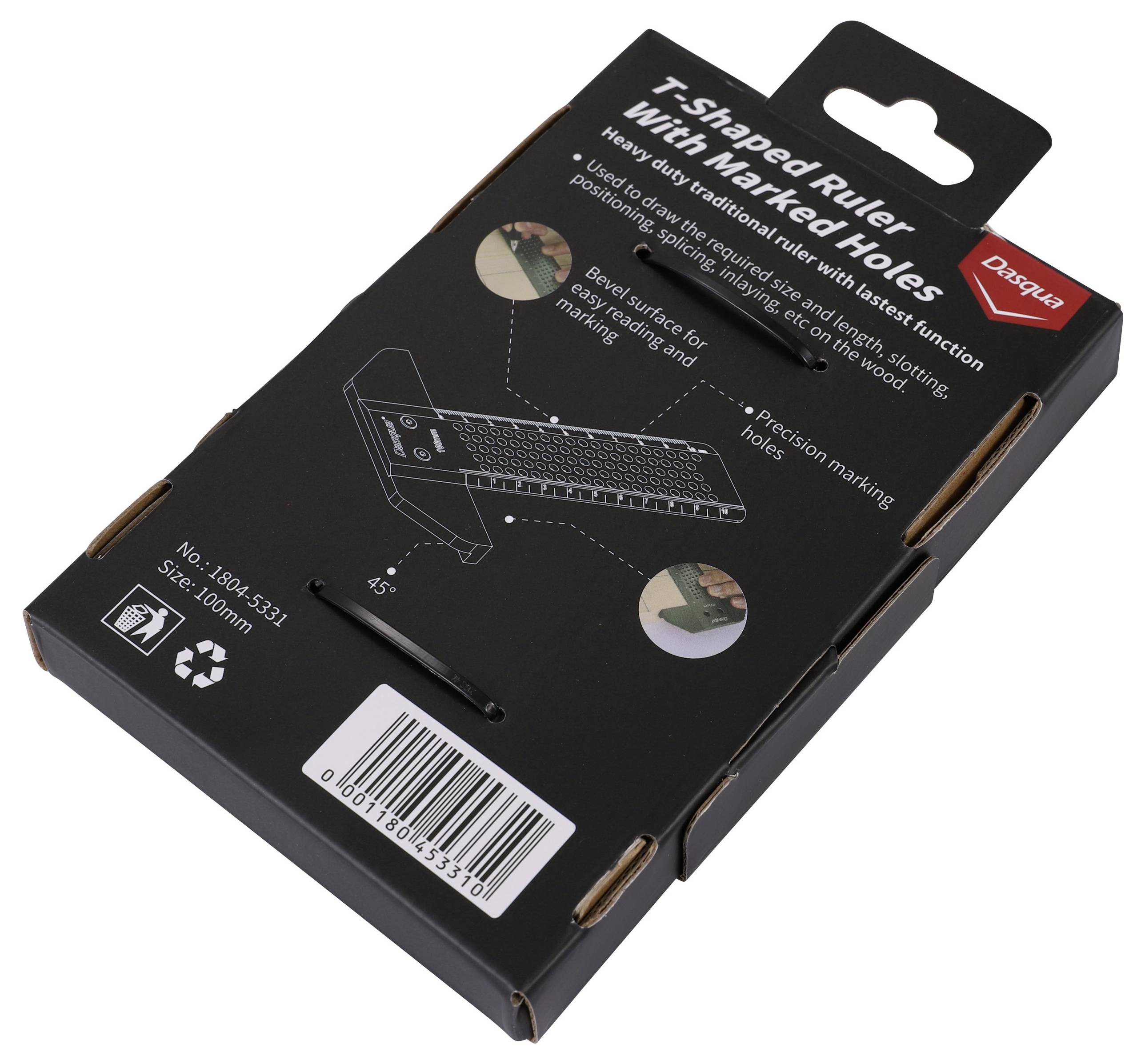 'T-Shaped Ruler With Marked Holes' packaging showing product image, features, and size. Suitable for marking and precision measuring.