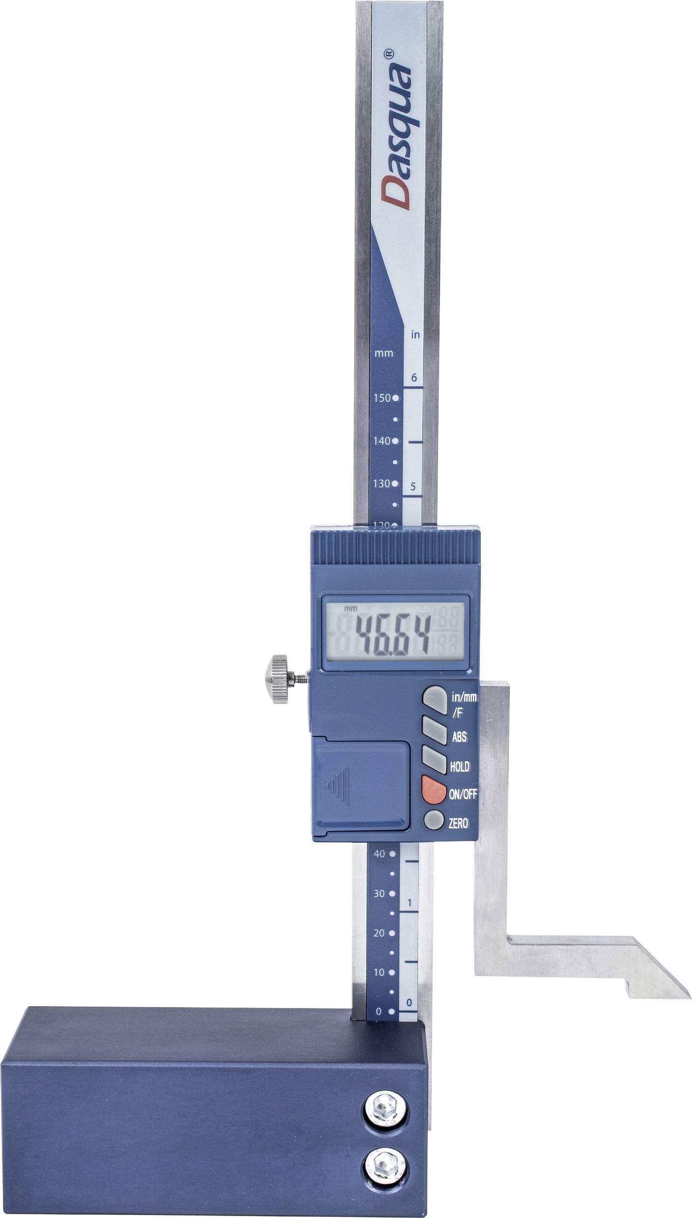 A caliper gauge with an LCD screen displaying '46.64', used for precise measurement, showing measuring scale markings in millimeters.