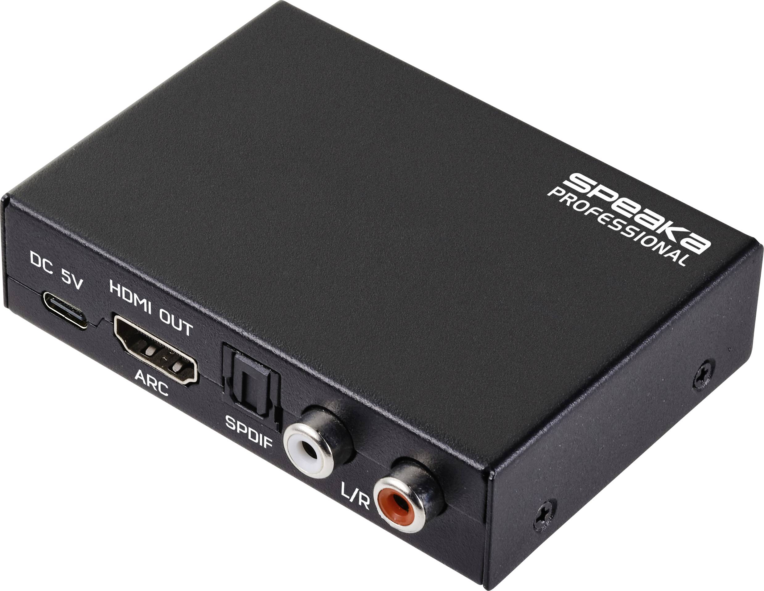 Compact audio converter with 'speakA professional' branding, featuring ports for DC 5V, HDMI out, ARC, SPDIF, and L/R audio connections.