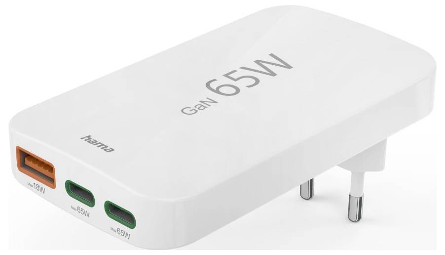 Hama Schnellladegerät, 2x USB-C, 1x USB-A, flaches Mini-Ladegerät, PD, 65 W, WS USB charger 65 W White