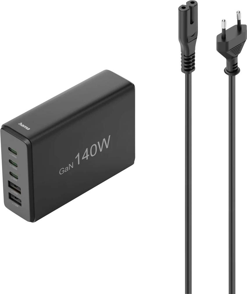 Hama USB-Ladestation 5 Ports, GaN, Schnellladegerät, 3xUSB-C, 2xUSB-A, PD, 140 W USB charging station 140 W Black