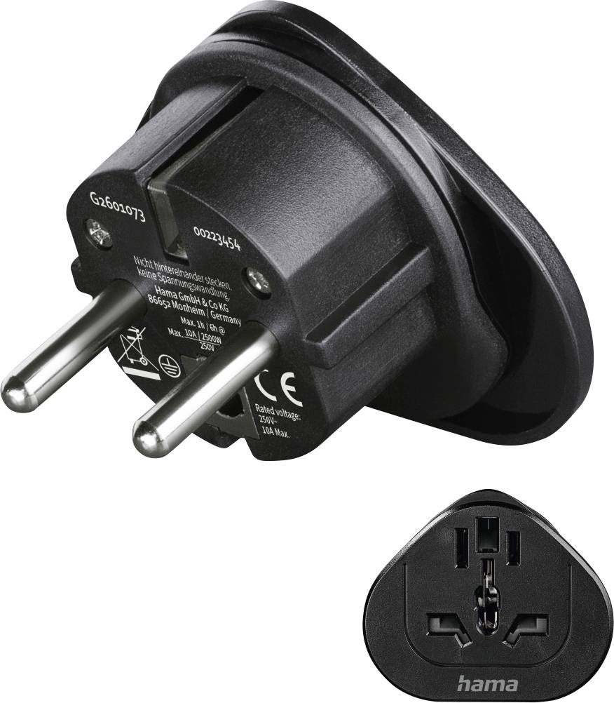 Hama 00223454 Travel adapter Reiseadapter Typ E und F, 3-polig, universal, Welt nach Europa, Schwarz