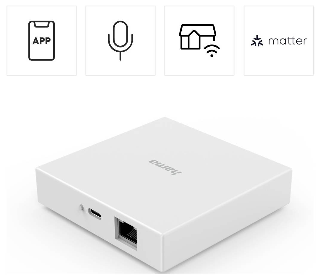 A white smart home hub with USB and Ethernet ports. Icons above indicate app control, voice assistant compatibility, WiFi, and Matter support.
