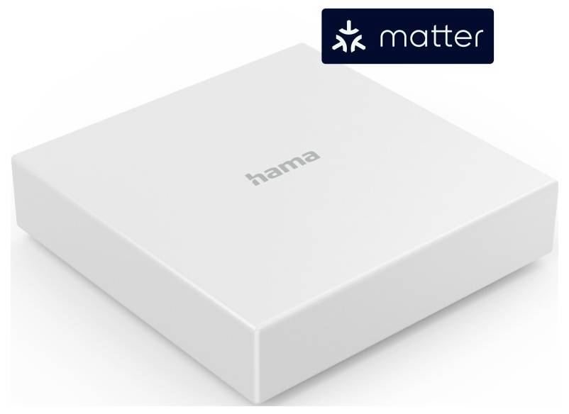 White, square Hama smart home device with 'matter' logo in the corner.
