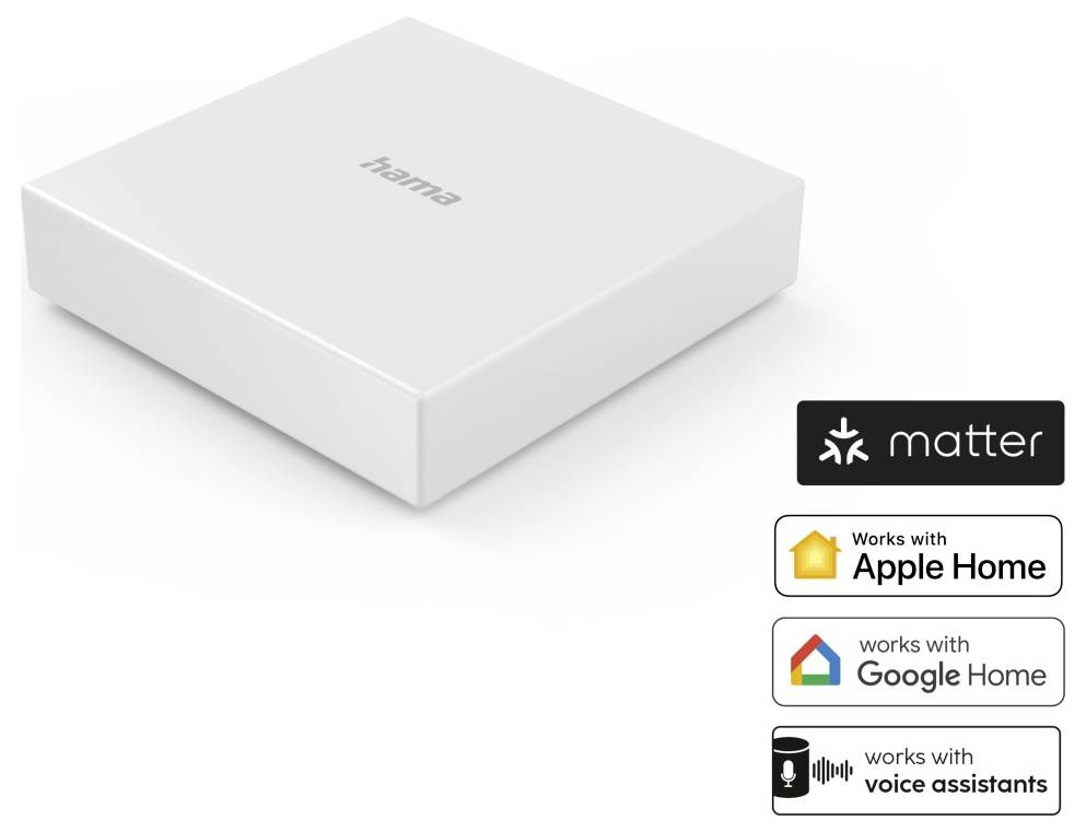 White Hama smart home hub box, logos show compatibility with Matter, Apple Home, Google Home, and voice assistants.