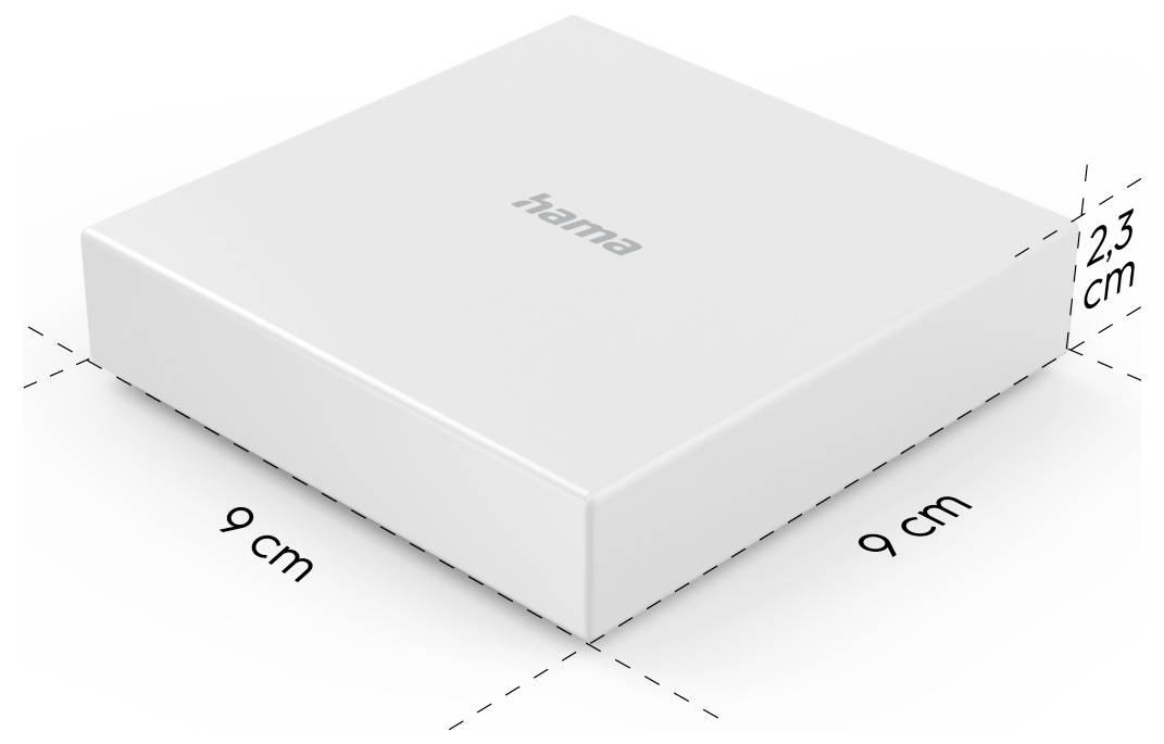 A square white box with the word 'hama' on top. The dimensions are labeled as 9 cm by 9 cm with a height of 2.3 cm.