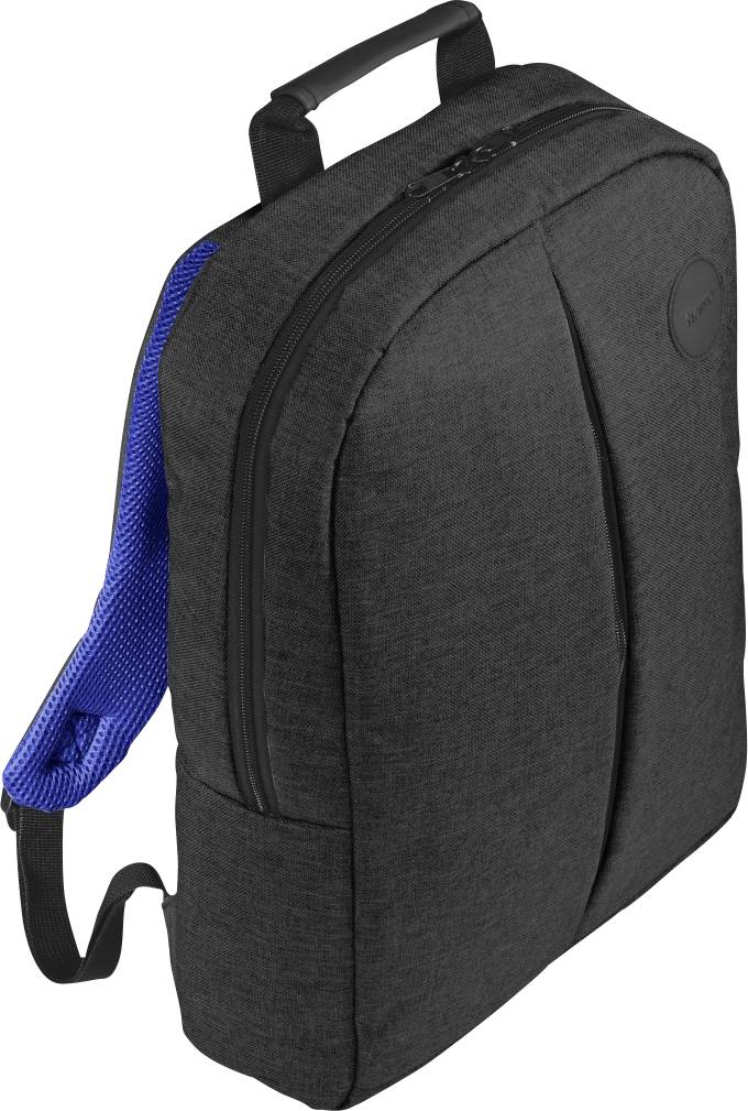 Black backpack with a top handle and blue padded shoulder straps, shown on a white background.
