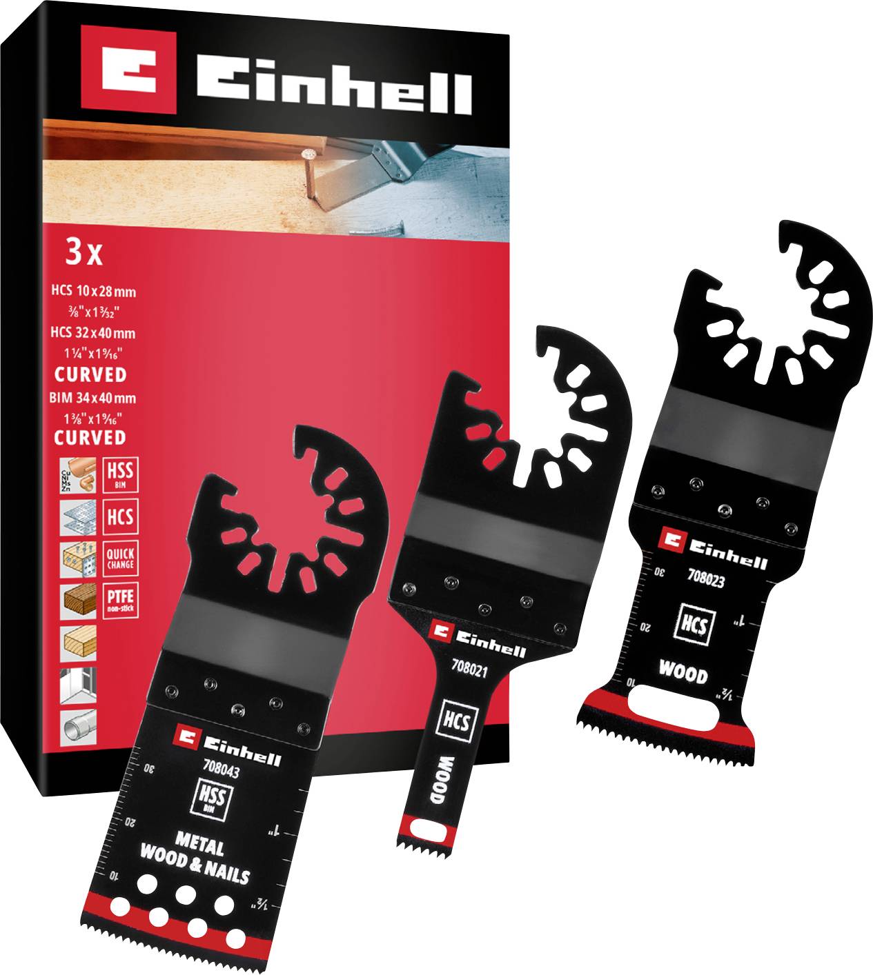 Set of three Einhell saw blades for various materials, packaged in a box. The blades are suitable for metal and wood.