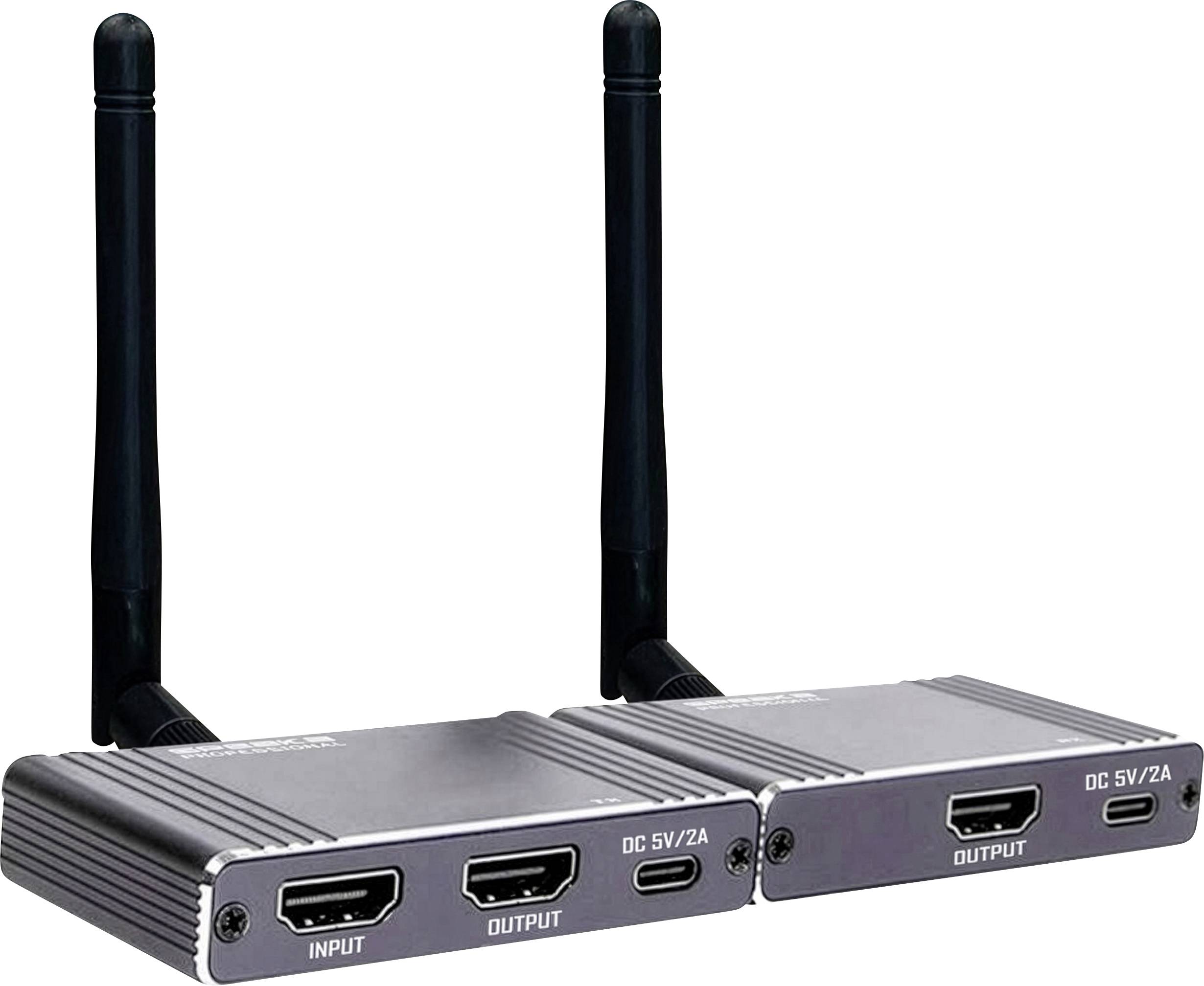 Two wireless HDMI transmitters with dual antennas each. One unit labeled 'Input' and the other 'Output', featuring HDMI and DC 5V/2A ports.